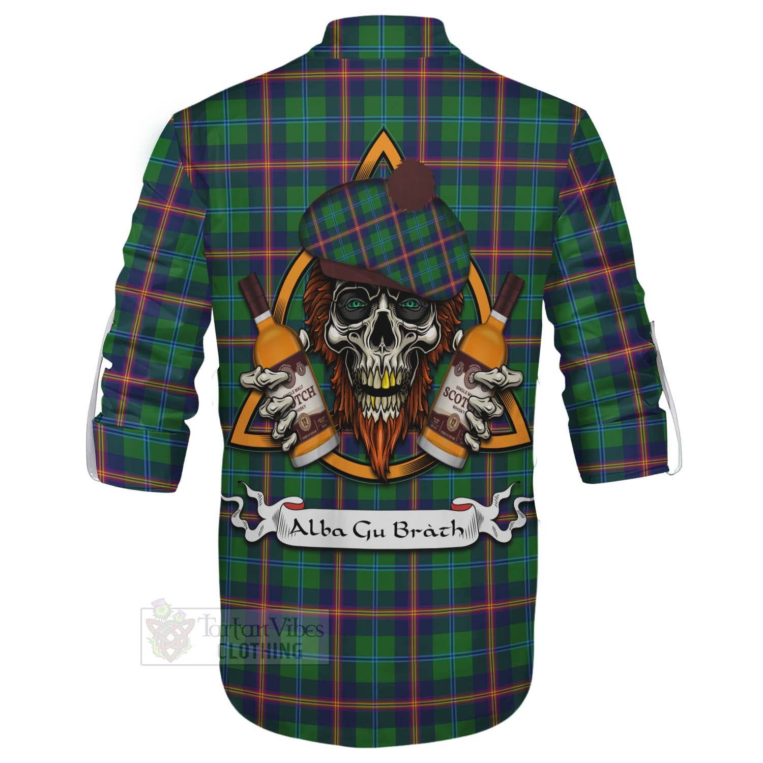 Tartan Vibes Clothing Young Tartan Ghillie Kilt Shirt with Family Crest and Bearded Skull Holding Bottles of Whiskey