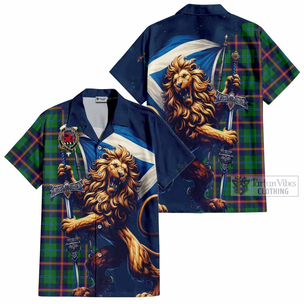 Tartan Vibes Clothing Young Tartan Family Crest Short Sleeve Button Shirt with Scottish Majestic Lion