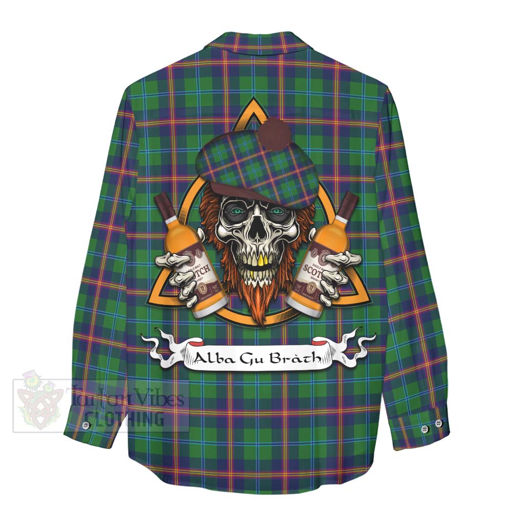 Tartan Vibes Clothing Young Tartan Women's Casual Shirt with Family Crest and Bearded Skull Holding Bottles of Whiskey