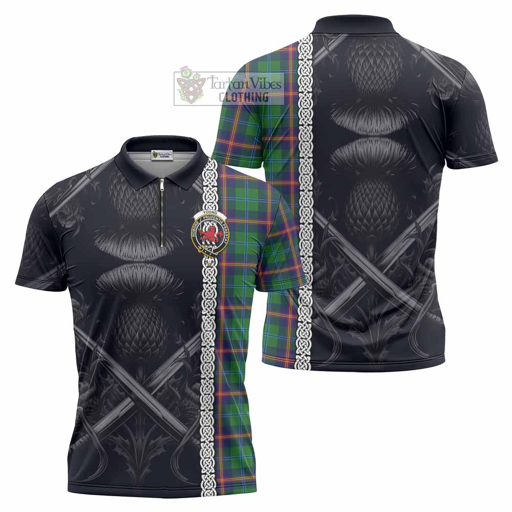 Tartan Vibes Clothing Young Tartan Zipper Polo Shirt with Family Crest Cross Sword Thistle Celtic Vibes