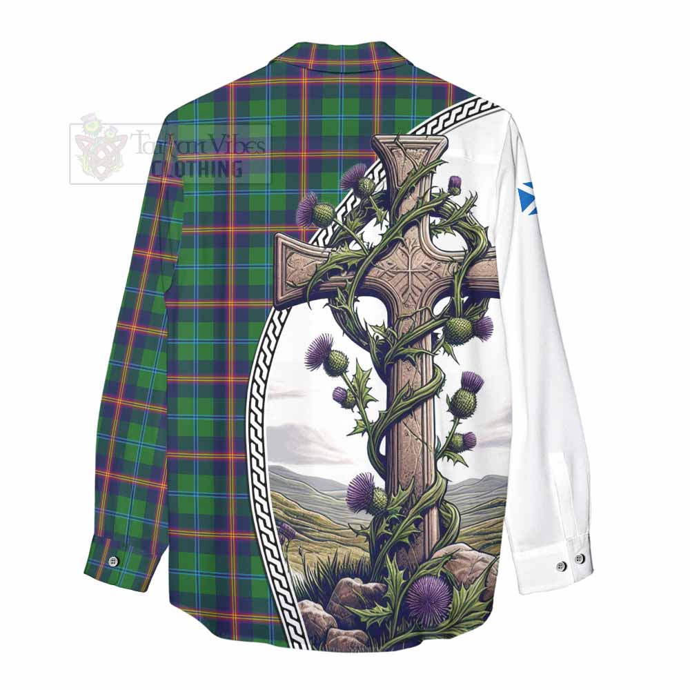 Tartan Vibes Clothing Young Tartan Women's Casual Shirt with Family Crest and St. Andrew's Cross Accented by Thistle Vines