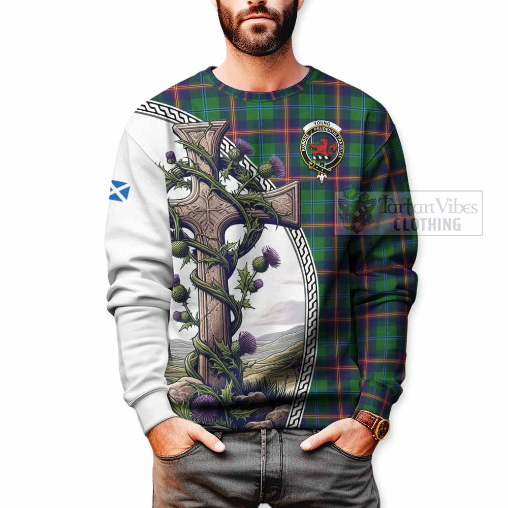 Tartan Vibes Clothing Young Tartan Sweatshirt with Family Crest and St. Andrew's Cross Accented by Thistle Vines