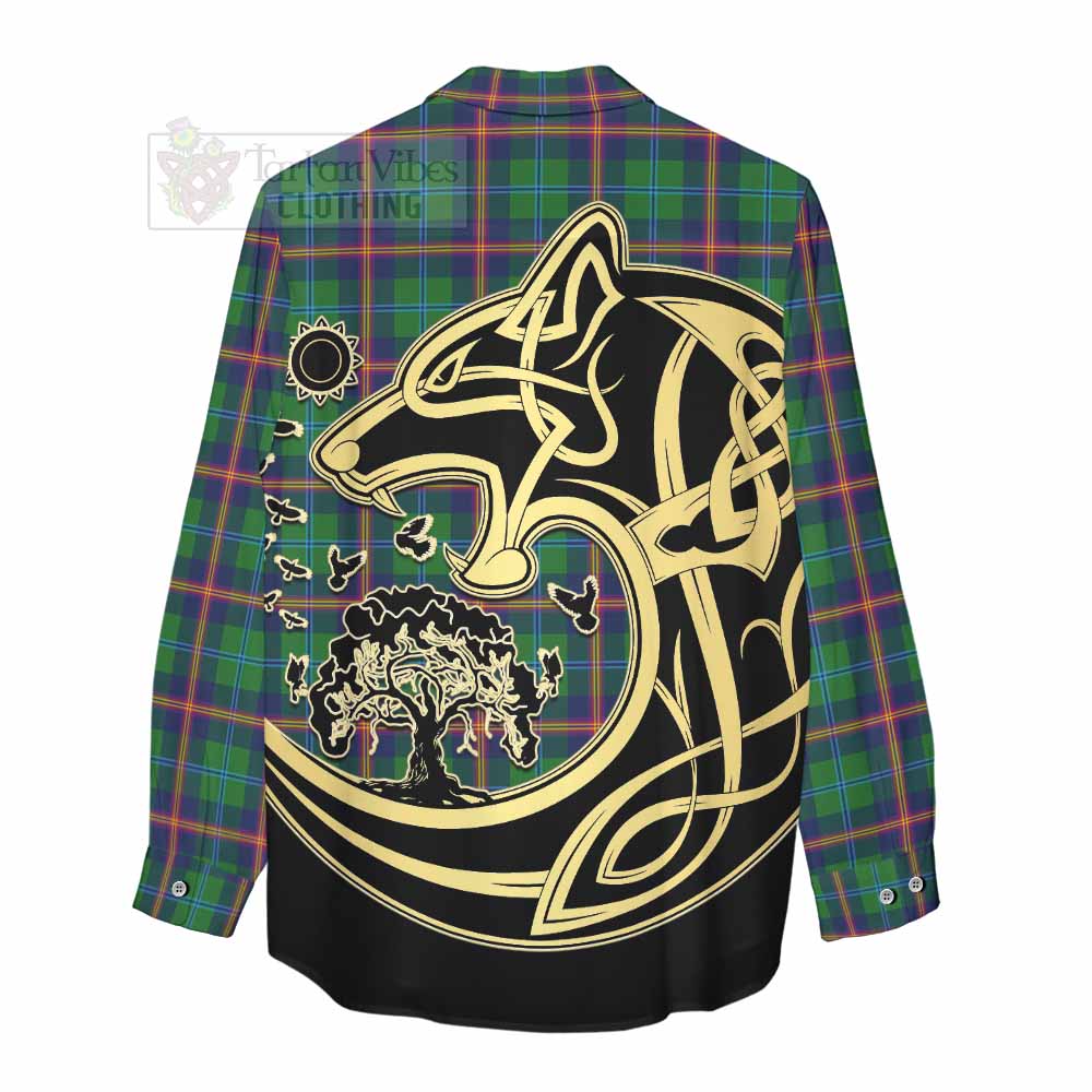 Tartan Vibes Clothing Young Tartan Women's Casual Shirt with Family Crest Celtic Wolf Style