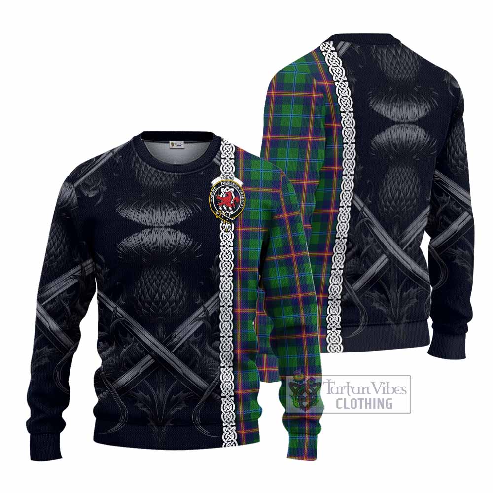 Young Tartan Knitted Sweater with Family Crest Cross Sword Thistle Celtic Vibes - Tartan Vibes Clothing