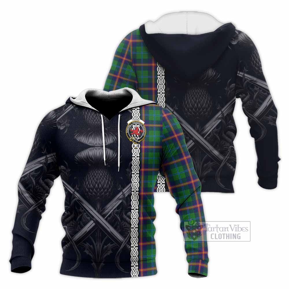 Tartan Vibes Clothing Young Tartan Knitted Hoodie with Family Crest Cross Sword Thistle Celtic Vibes