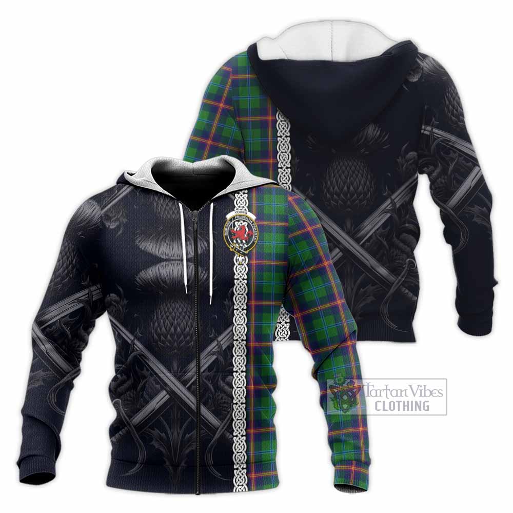 Tartan Vibes Clothing Young Tartan Knitted Hoodie with Family Crest Cross Sword Thistle Celtic Vibes