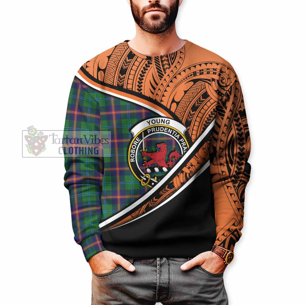 Tartan Vibes Clothing Young Crest Tartan Sweatshirt with Maori Tattoo Style - Orange Version