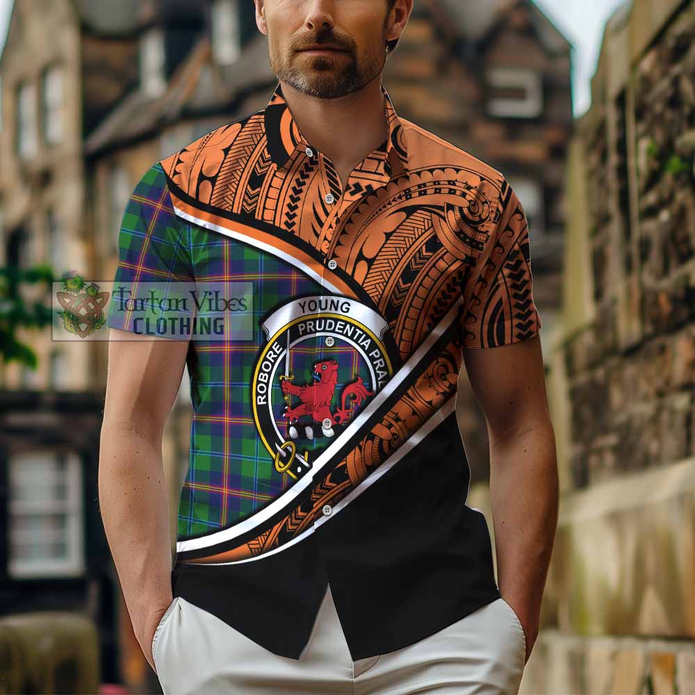 Tartan Vibes Clothing Young Crest Tartan Short Sleeve Button Shirt with Maori Tattoo Style - Orange Version