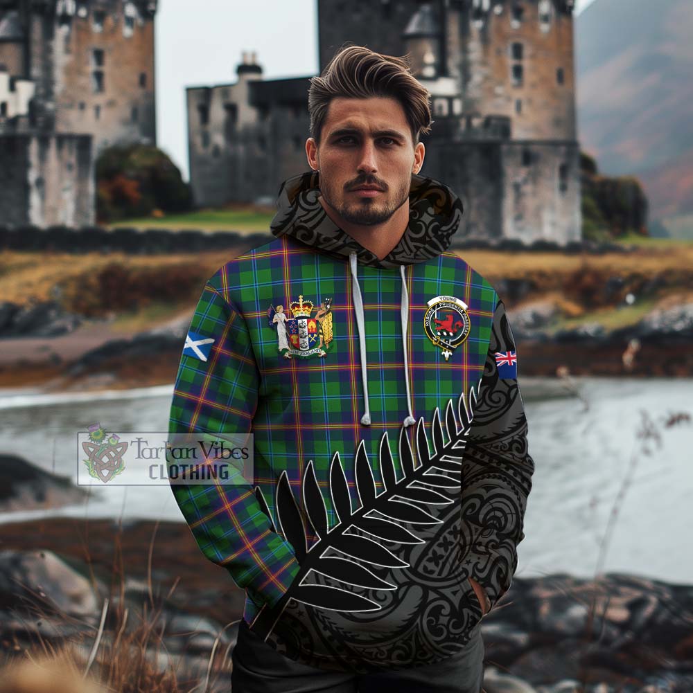 Tartan Vibes Clothing Young Crest Tartan Cotton Hoodie with New Zealand Silver Fern Half Style