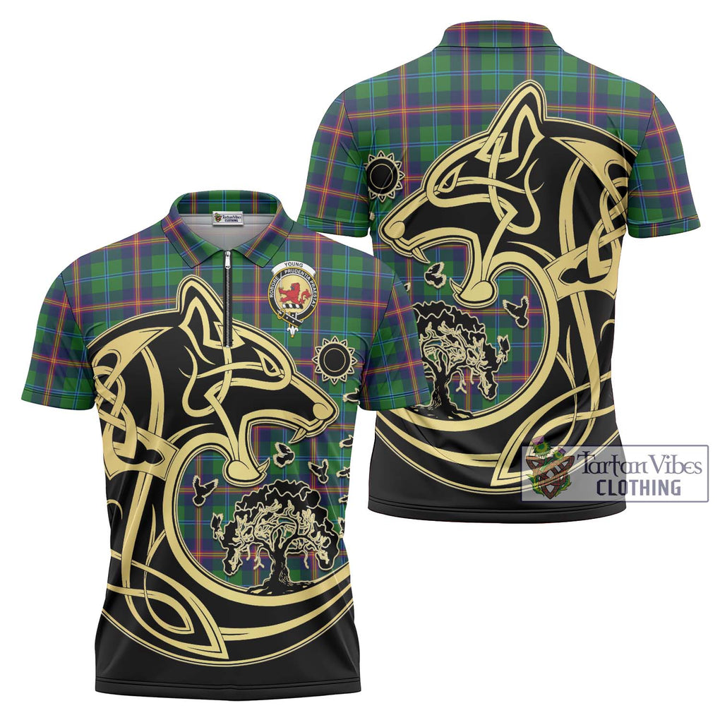 Young Tartan Zipper Polo Shirt with Family Crest Celtic Wolf Style Unisex - Tartanvibesclothing Shop