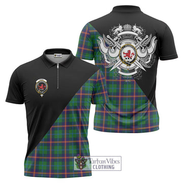 Young Tartan Zipper Polo Shirt with Family Crest and Military Logo Style