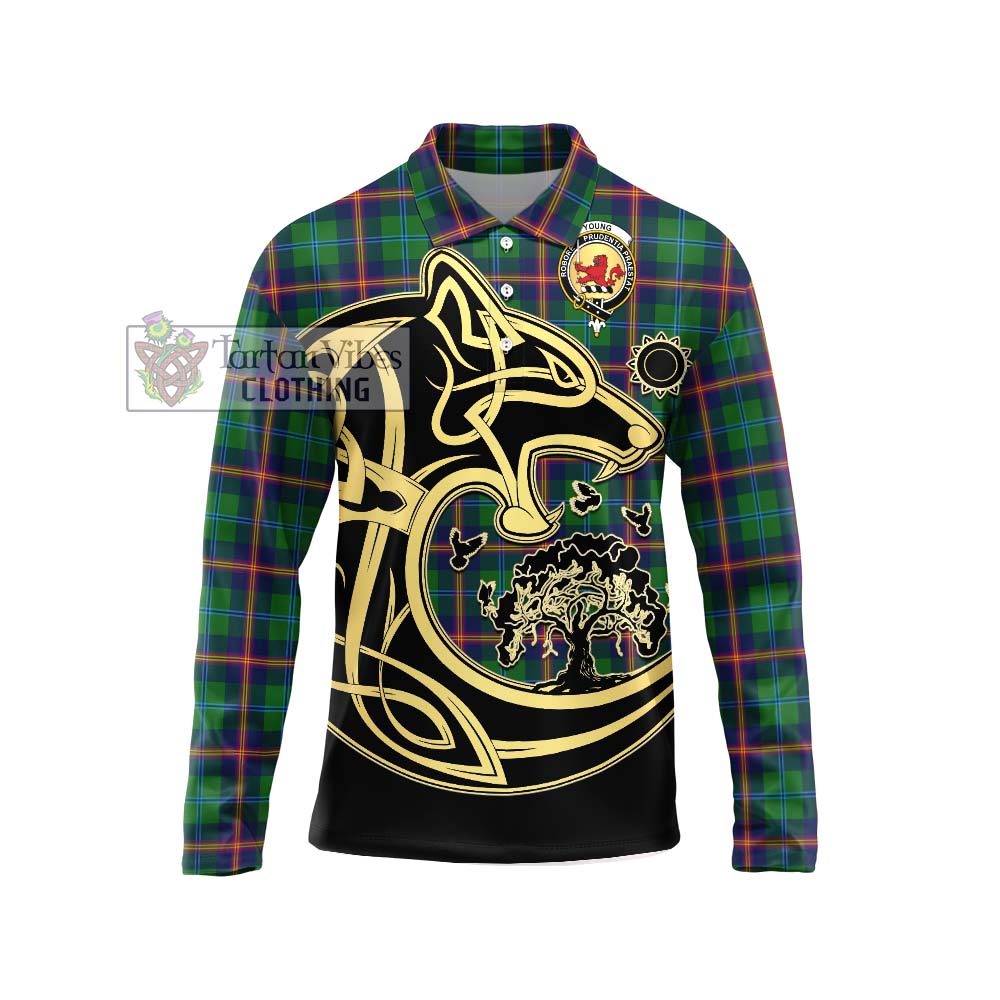 Young Tartan Long Sleeve Polo Shirt with Family Crest Celtic Wolf Style Unisex - Tartanvibesclothing Shop