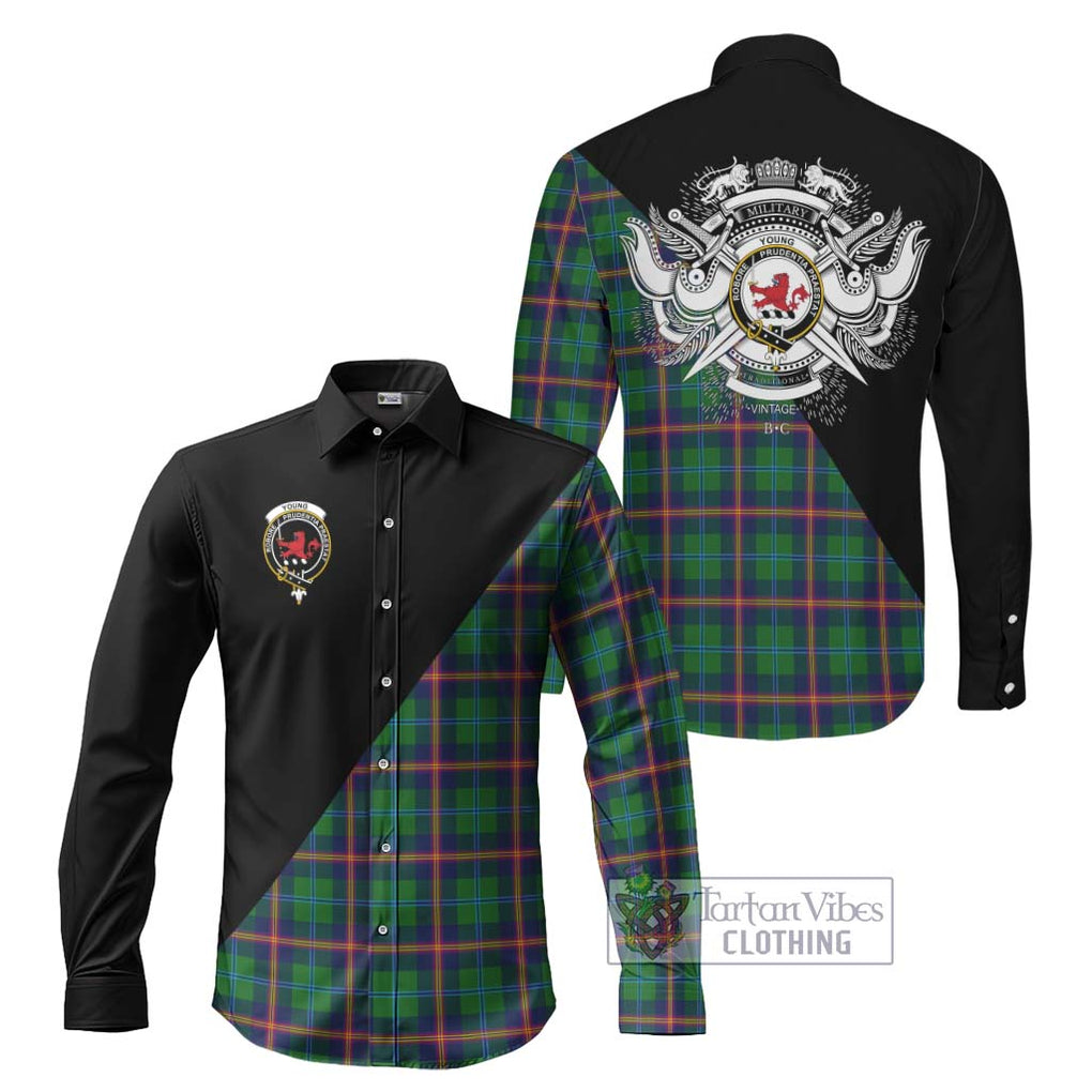 Young Tartan Long Sleeve Button Shirt with Family Crest and Military Logo Style Men's Shirt S - Tartanvibesclothing Shop