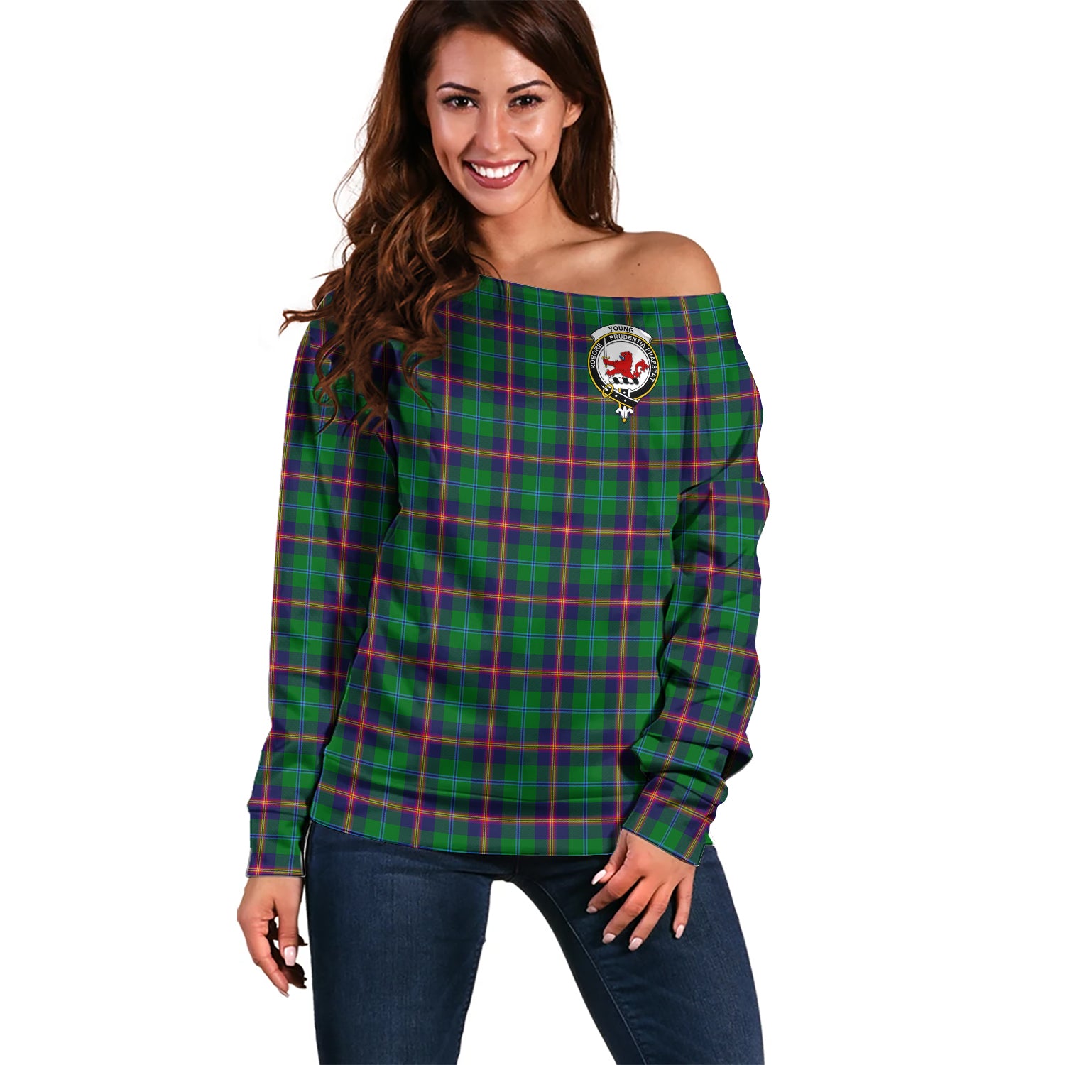 Young Modern Tartan Off Shoulder Women Sweater with Family Crest Women - Tartanvibesclothing Shop