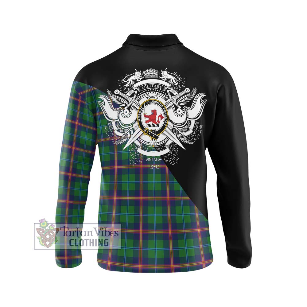 Young Tartan Long Sleeve Polo Shirt with Family Crest and Military Logo Style - Tartanvibesclothing Shop