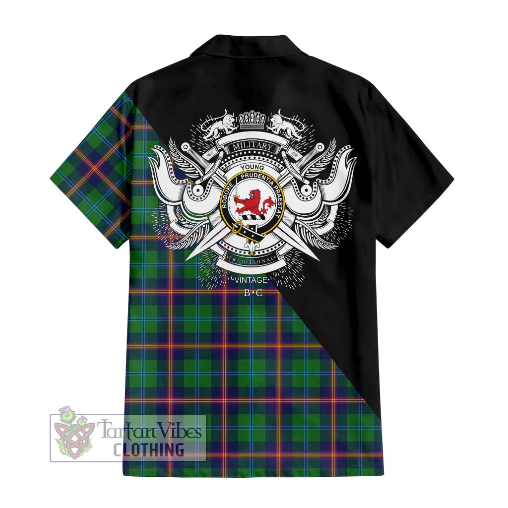 Tartan Vibes Clothing Young Modern Tartan Short Sleeve Button Shirt with Family Crest and Military Logo Style