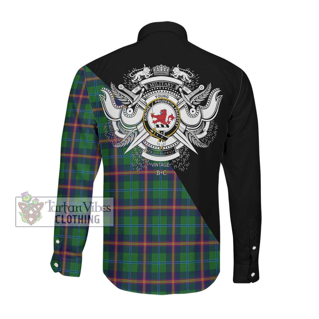 Young Tartan Long Sleeve Button Shirt with Family Crest and Military Logo Style Men's Shirt - Tartanvibesclothing Shop