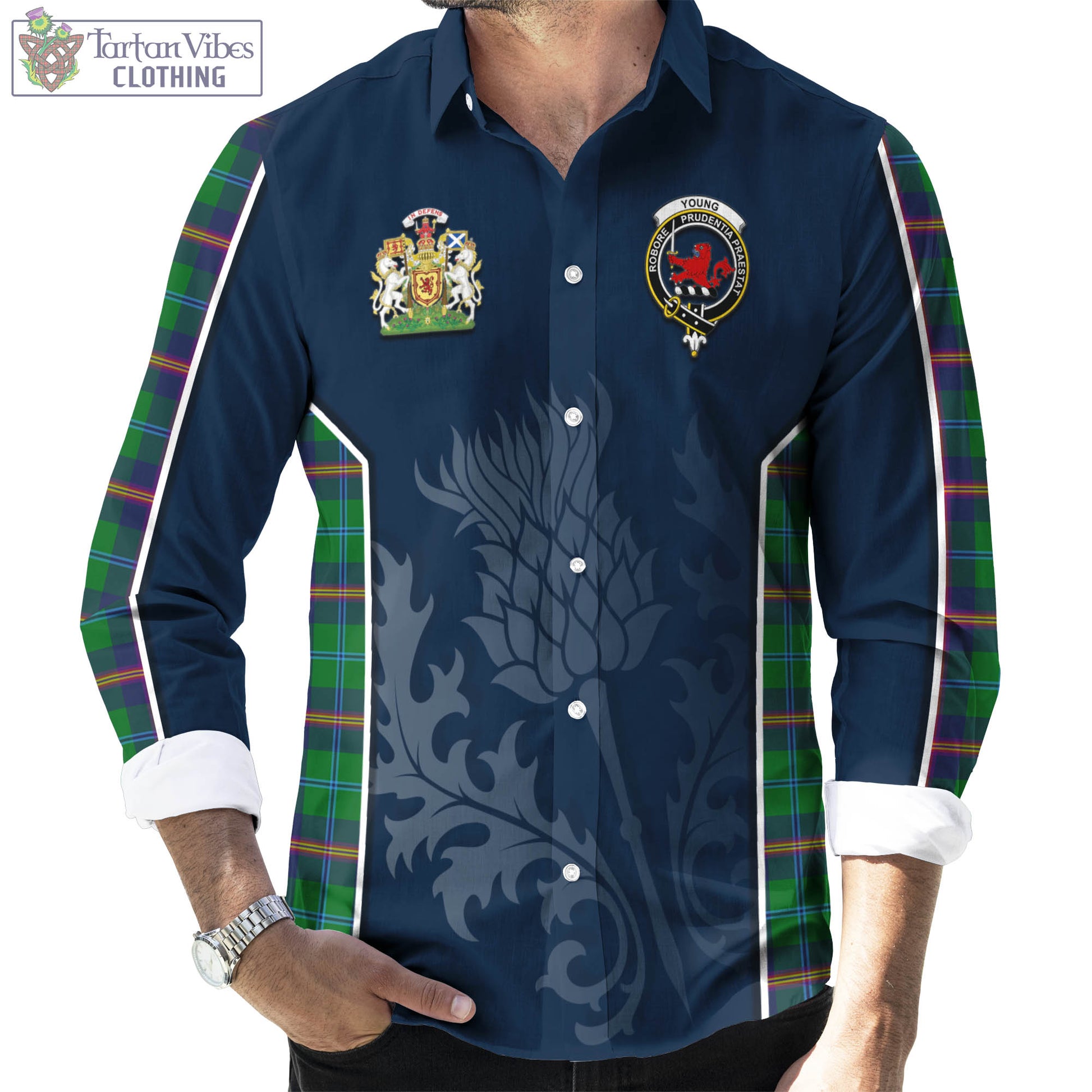 Tartan Vibes Clothing Young Modern Tartan Long Sleeve Button Up Shirt with Family Crest and Scottish Thistle Vibes Sport Style