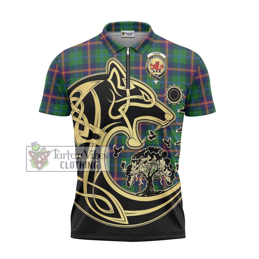 Young Tartan Zipper Polo Shirt with Family Crest Celtic Wolf Style - Tartanvibesclothing Shop