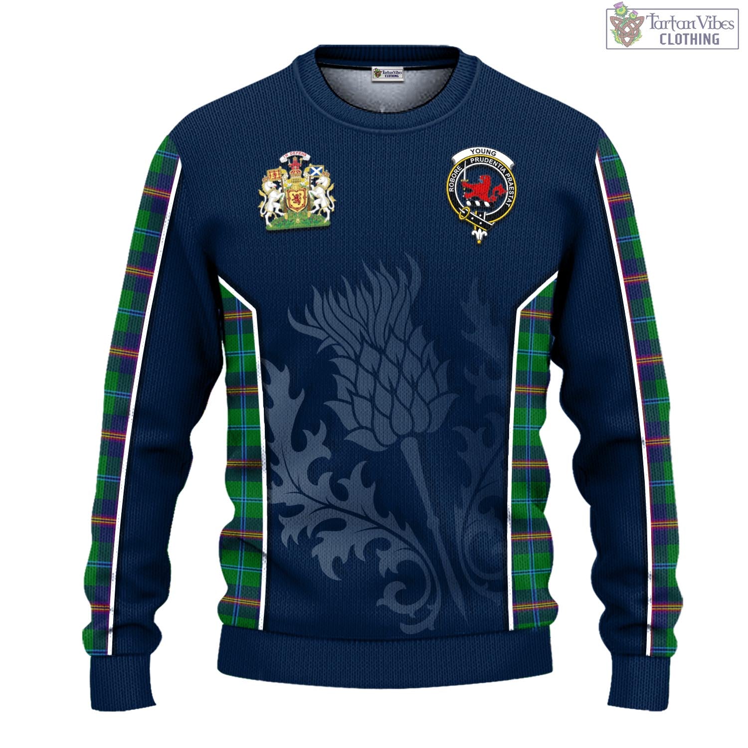 Tartan Vibes Clothing Young Modern Tartan Knitted Sweatshirt with Family Crest and Scottish Thistle Vibes Sport Style