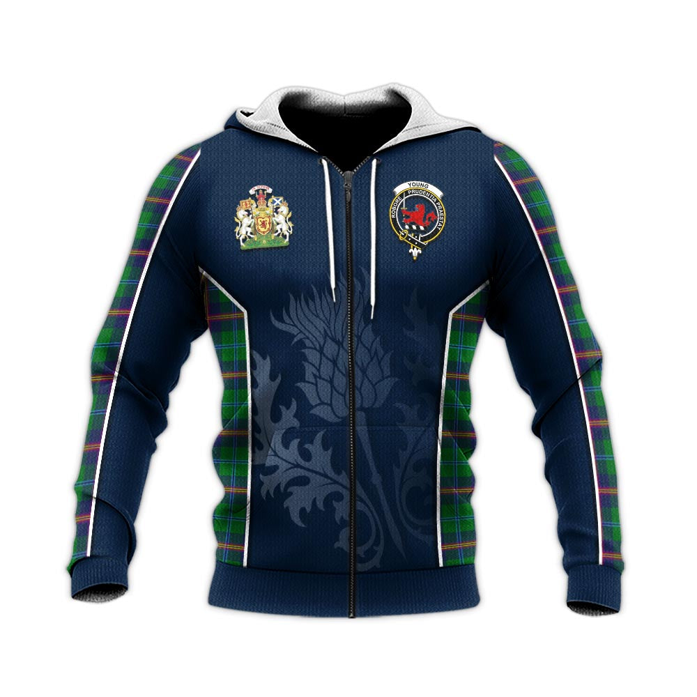 Tartan Vibes Clothing Young Modern Tartan Knitted Hoodie with Family Crest and Scottish Thistle Vibes Sport Style