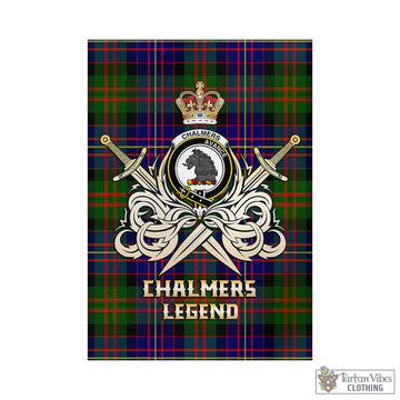 Chalmers Tartan Garden Flag with Clan Crest and the Golden Sword of Courageous Legacy - Tartan Vibes Clothing