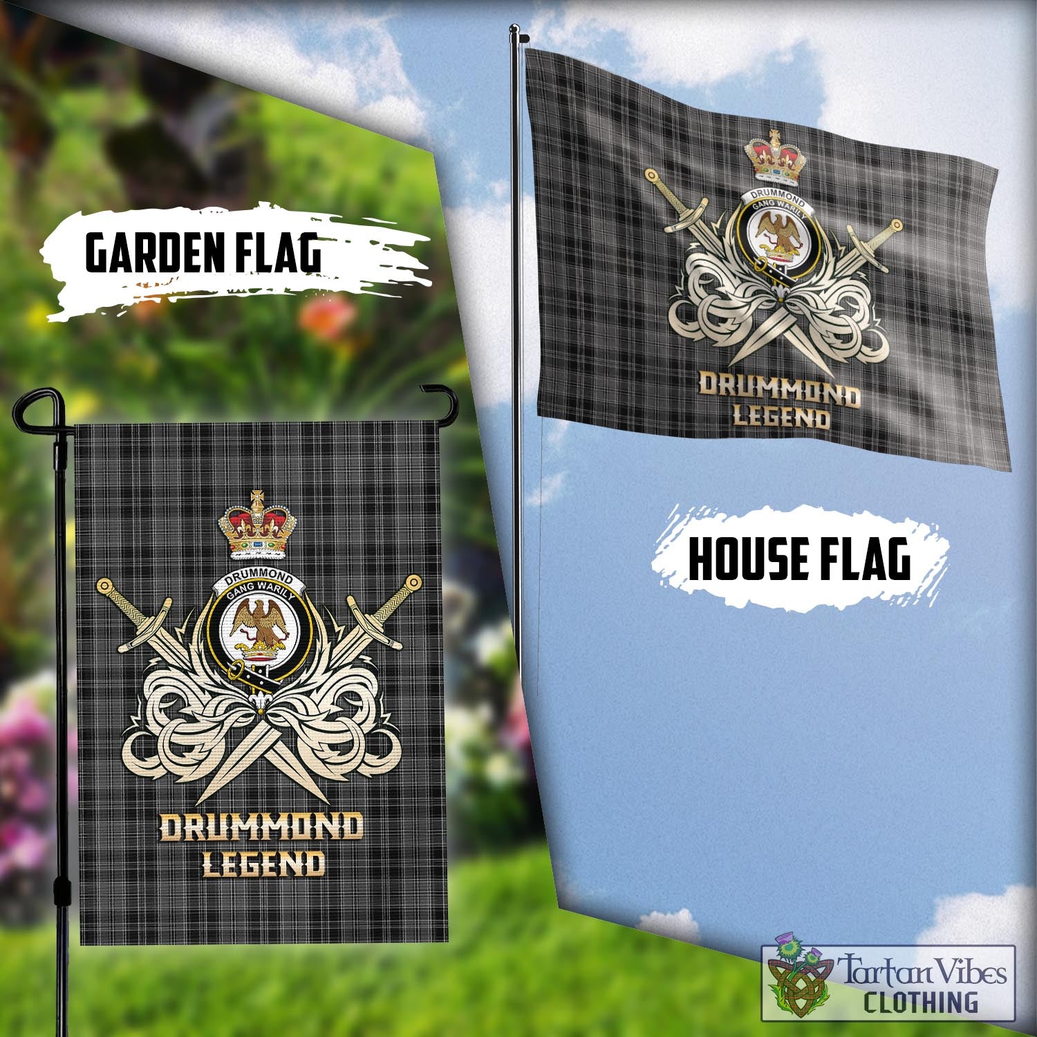 Tartan Vibes Clothing Drummond Grey Tartan Flag with Clan Crest and the Golden Sword of Courageous Legacy