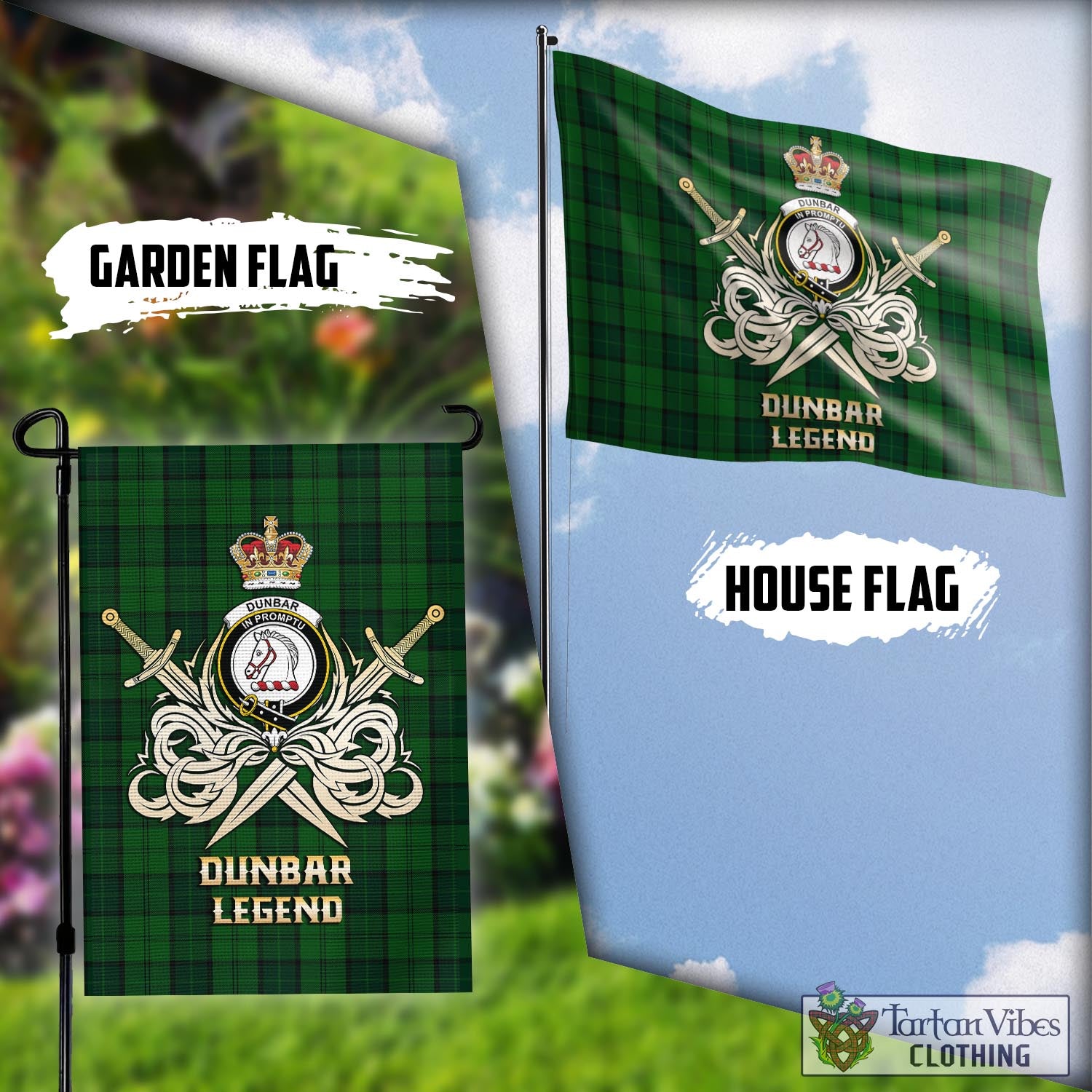 Tartan Vibes Clothing Dunbar Hunting Tartan Flag with Clan Crest and the Golden Sword of Courageous Legacy