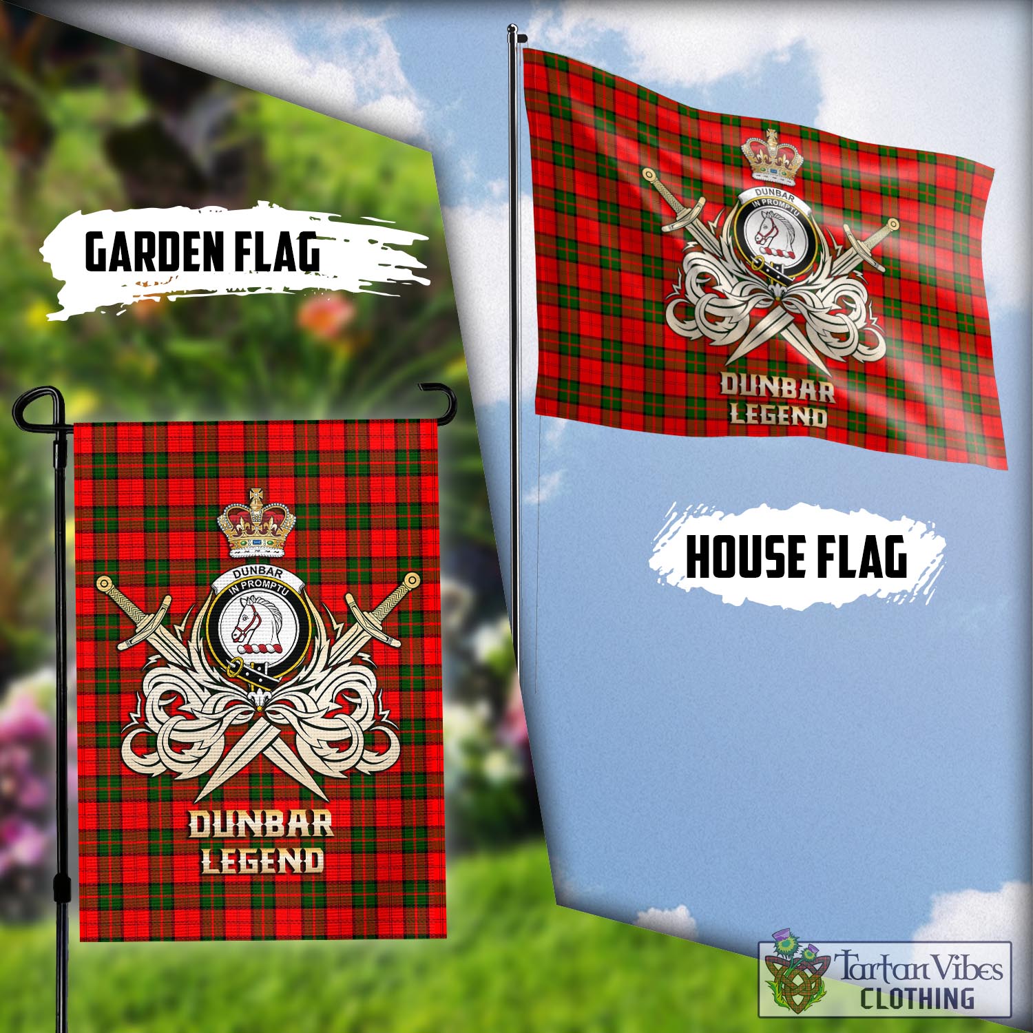 Tartan Vibes Clothing Dunbar Modern Tartan Flag with Clan Crest and the Golden Sword of Courageous Legacy