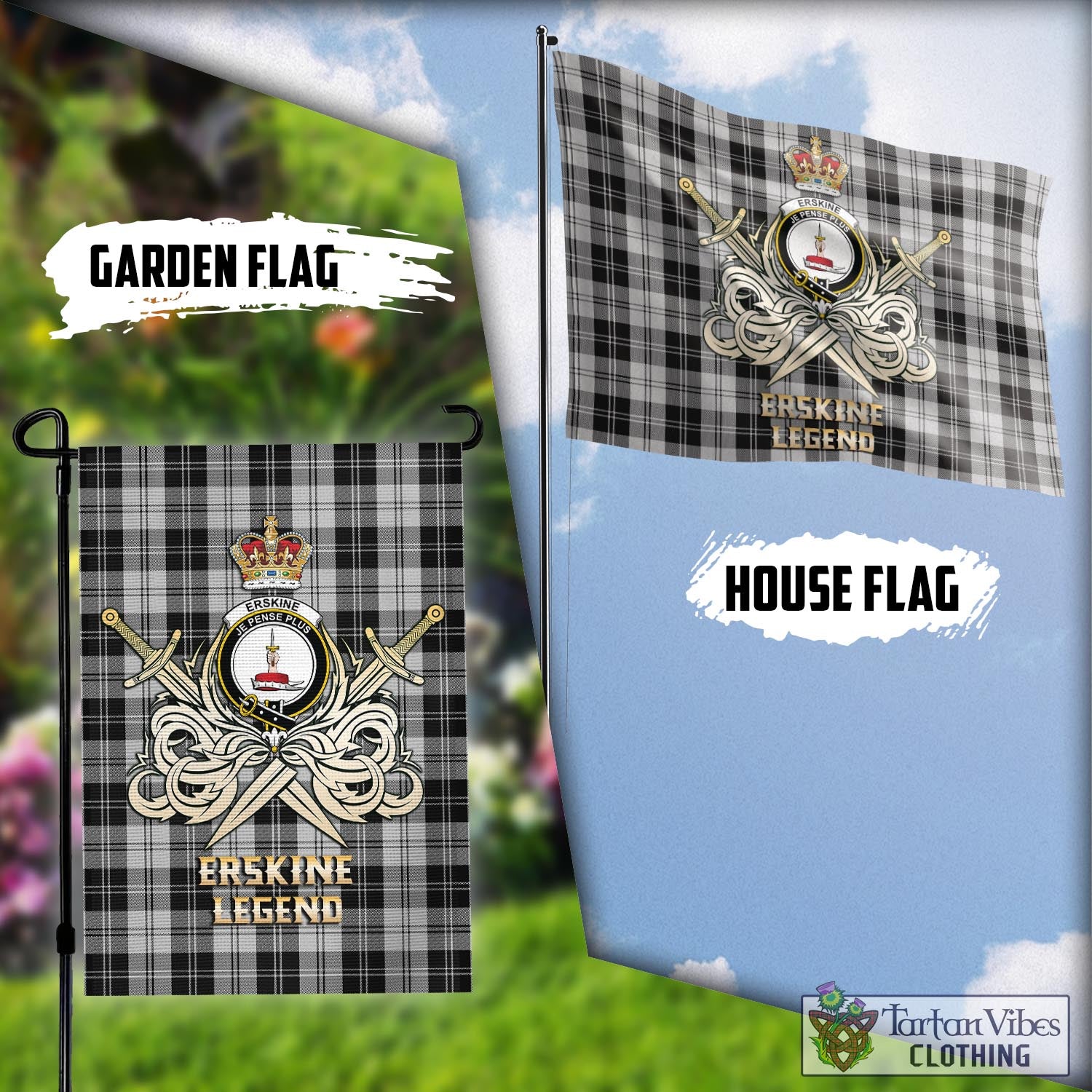 Tartan Vibes Clothing Erskine Black and White Tartan Flag with Clan Crest and the Golden Sword of Courageous Legacy