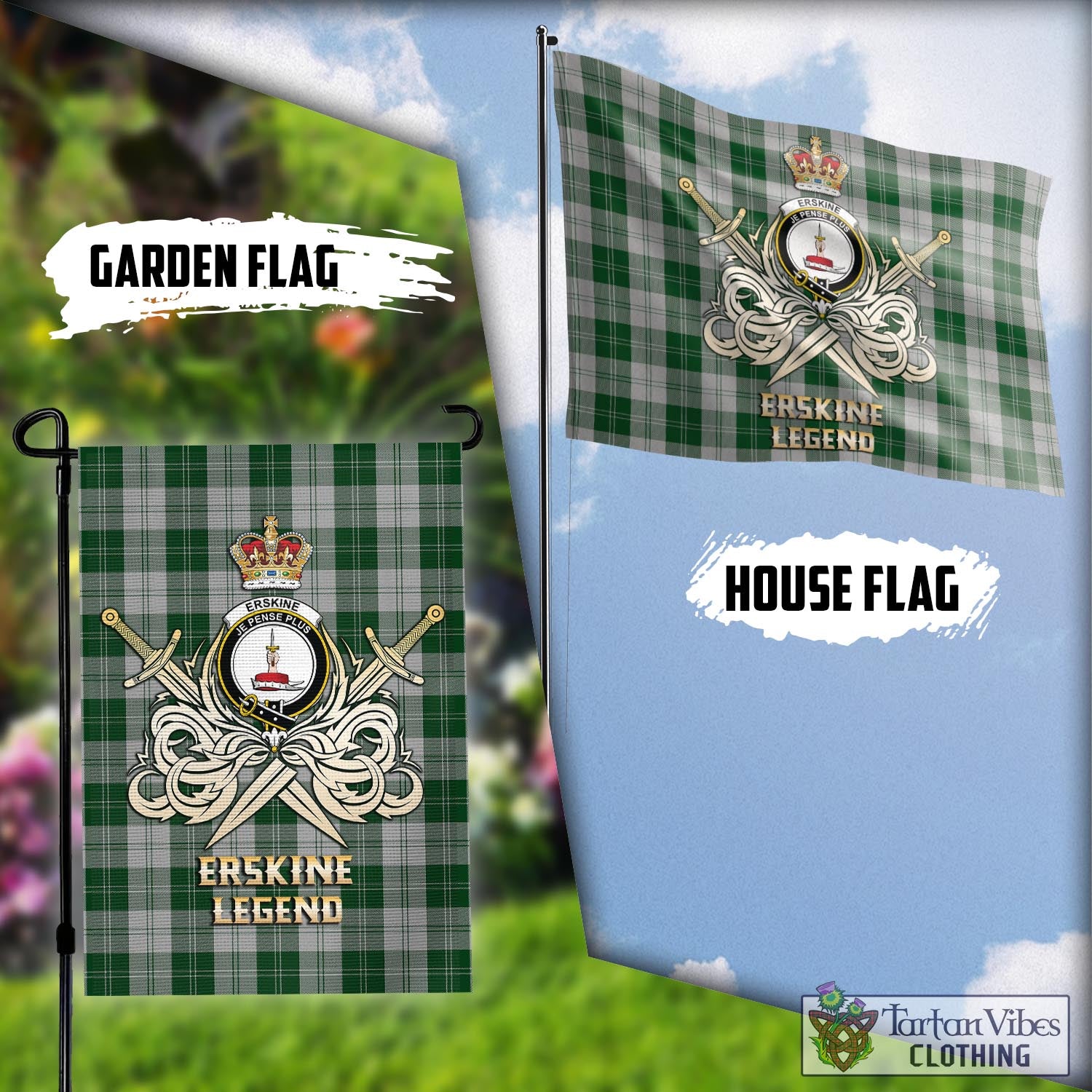 Tartan Vibes Clothing Erskine Green Tartan Flag with Clan Crest and the Golden Sword of Courageous Legacy