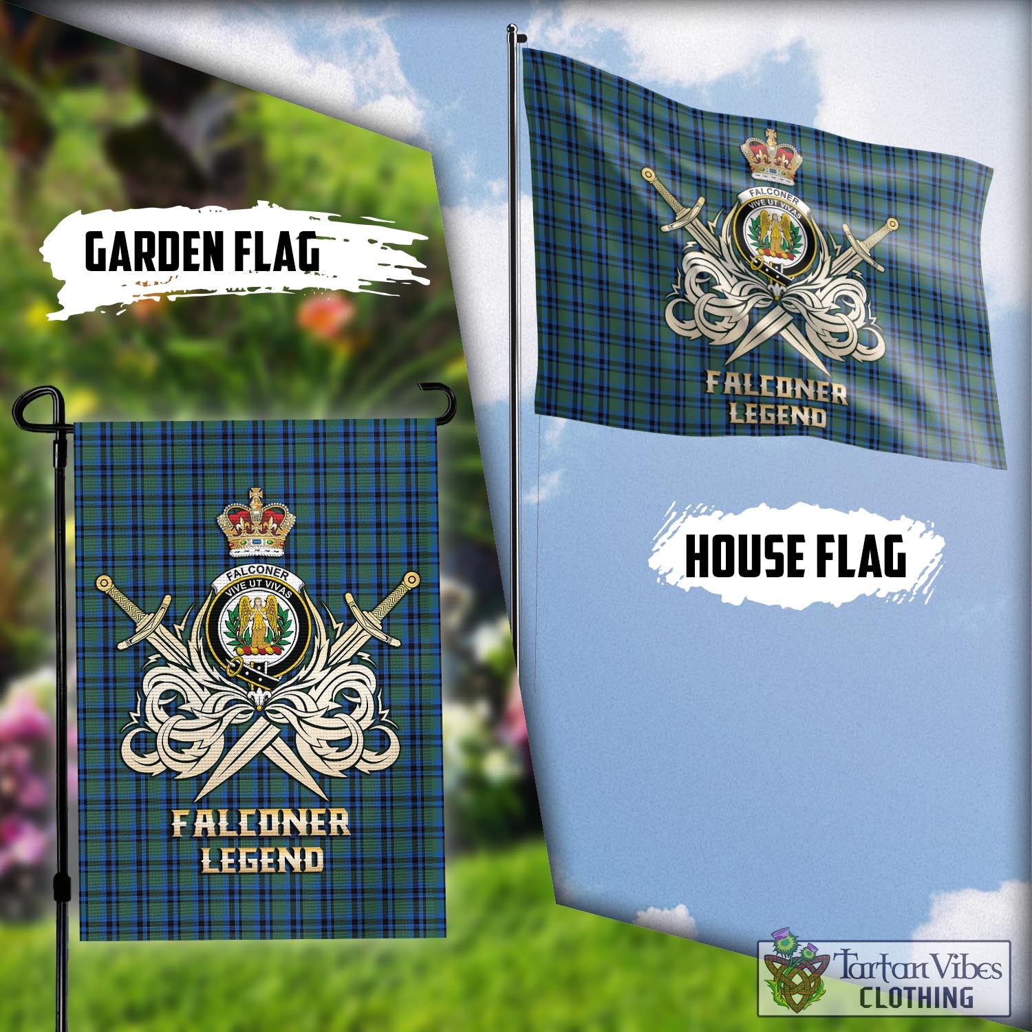 Tartan Vibes Clothing Falconer Tartan Flag with Clan Crest and the Golden Sword of Courageous Legacy