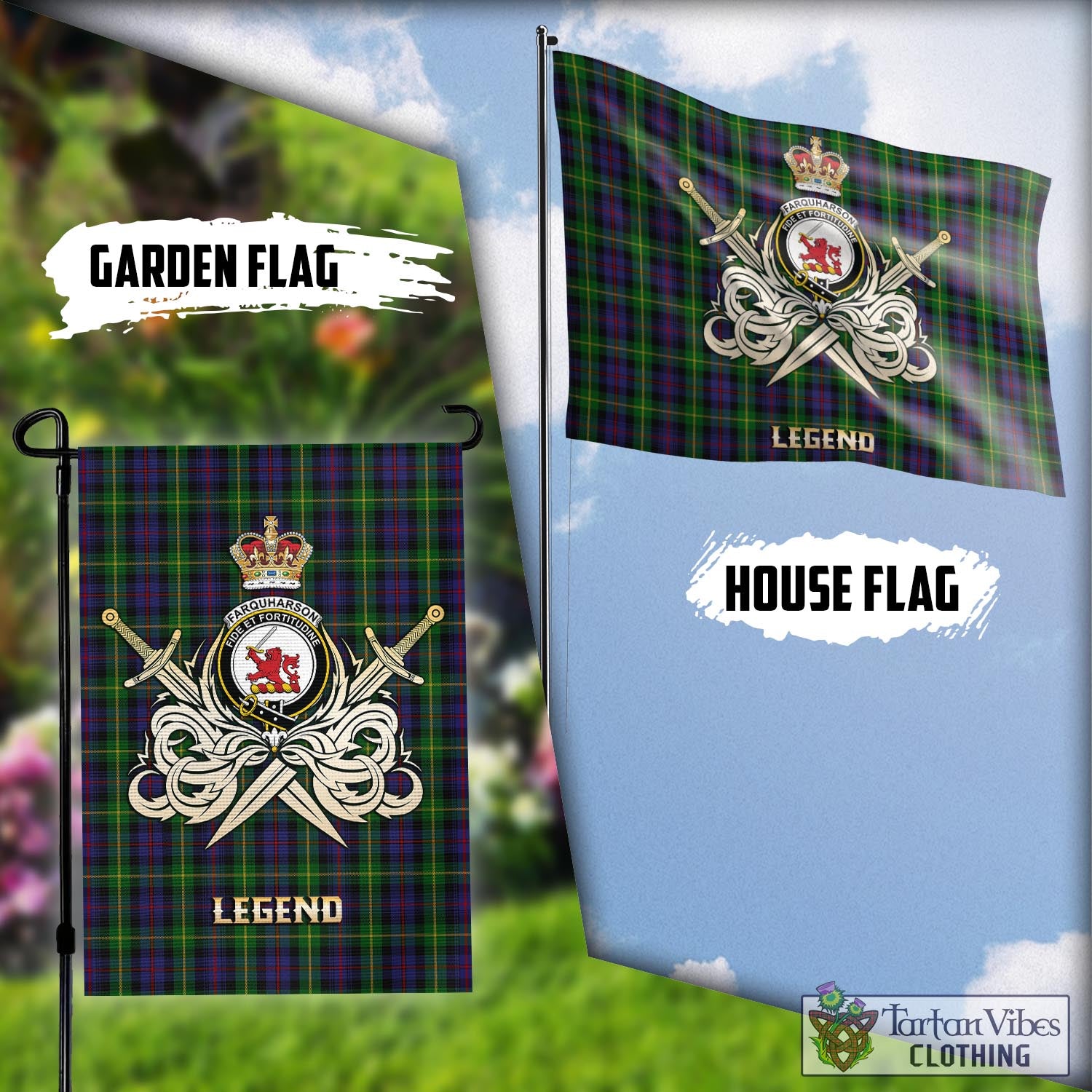 Tartan Vibes Clothing Farquharson Tartan Flag with Clan Crest and the Golden Sword of Courageous Legacy