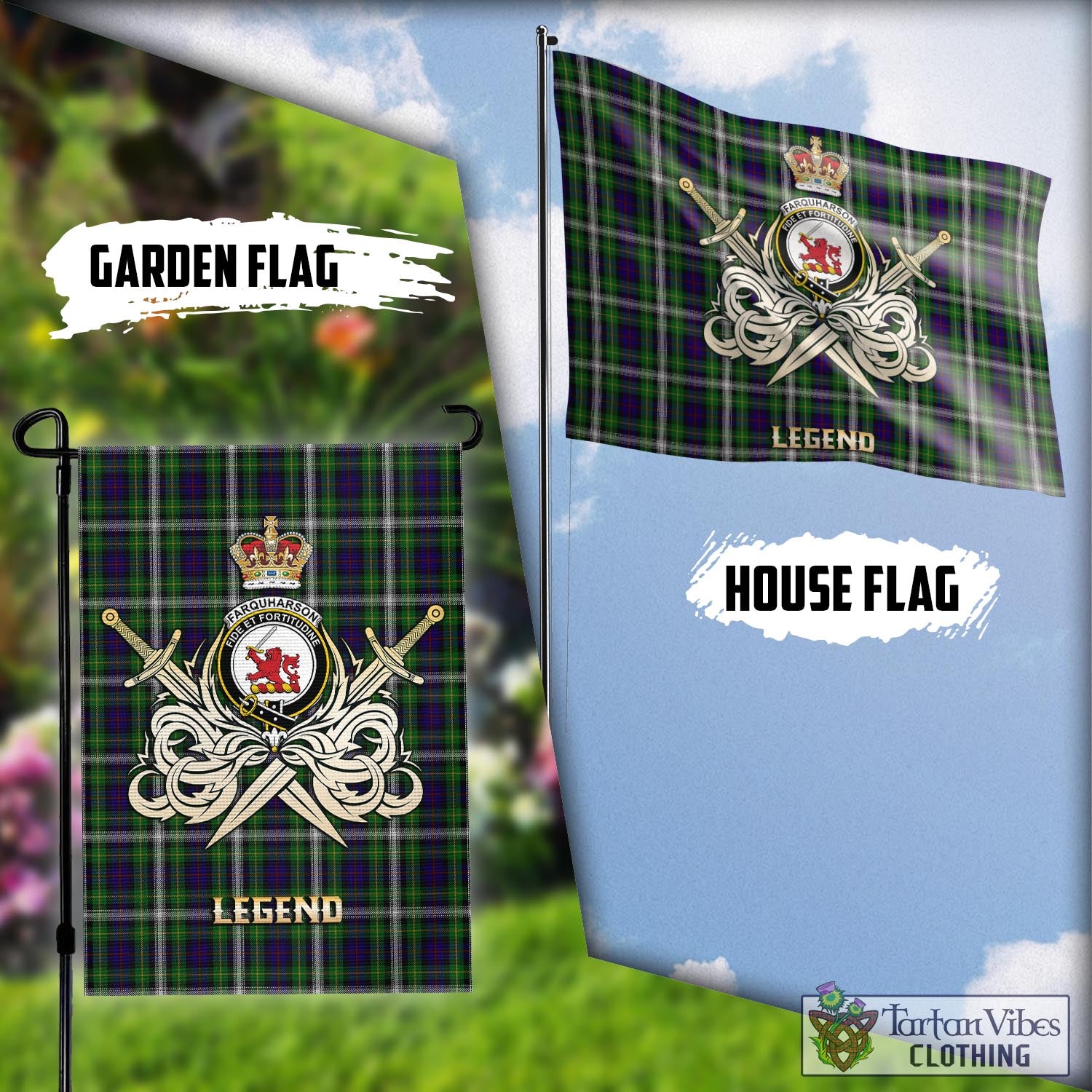 Tartan Vibes Clothing Farquharson Dress Tartan Flag with Clan Crest and the Golden Sword of Courageous Legacy