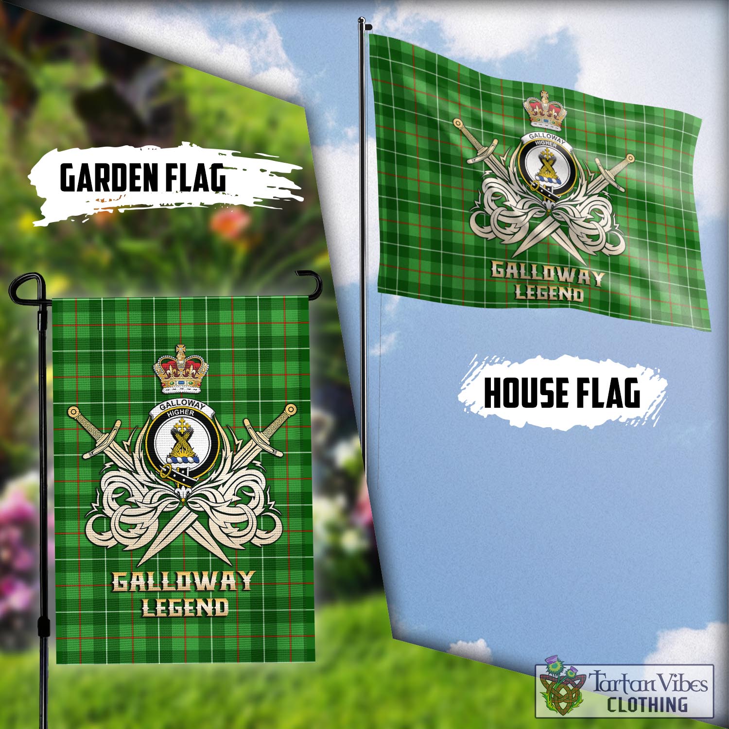 Tartan Vibes Clothing Galloway Tartan Flag with Clan Crest and the Golden Sword of Courageous Legacy