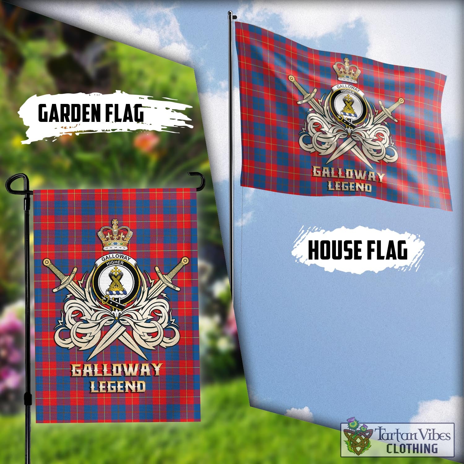 Tartan Vibes Clothing Galloway Red Tartan Flag with Clan Crest and the Golden Sword of Courageous Legacy