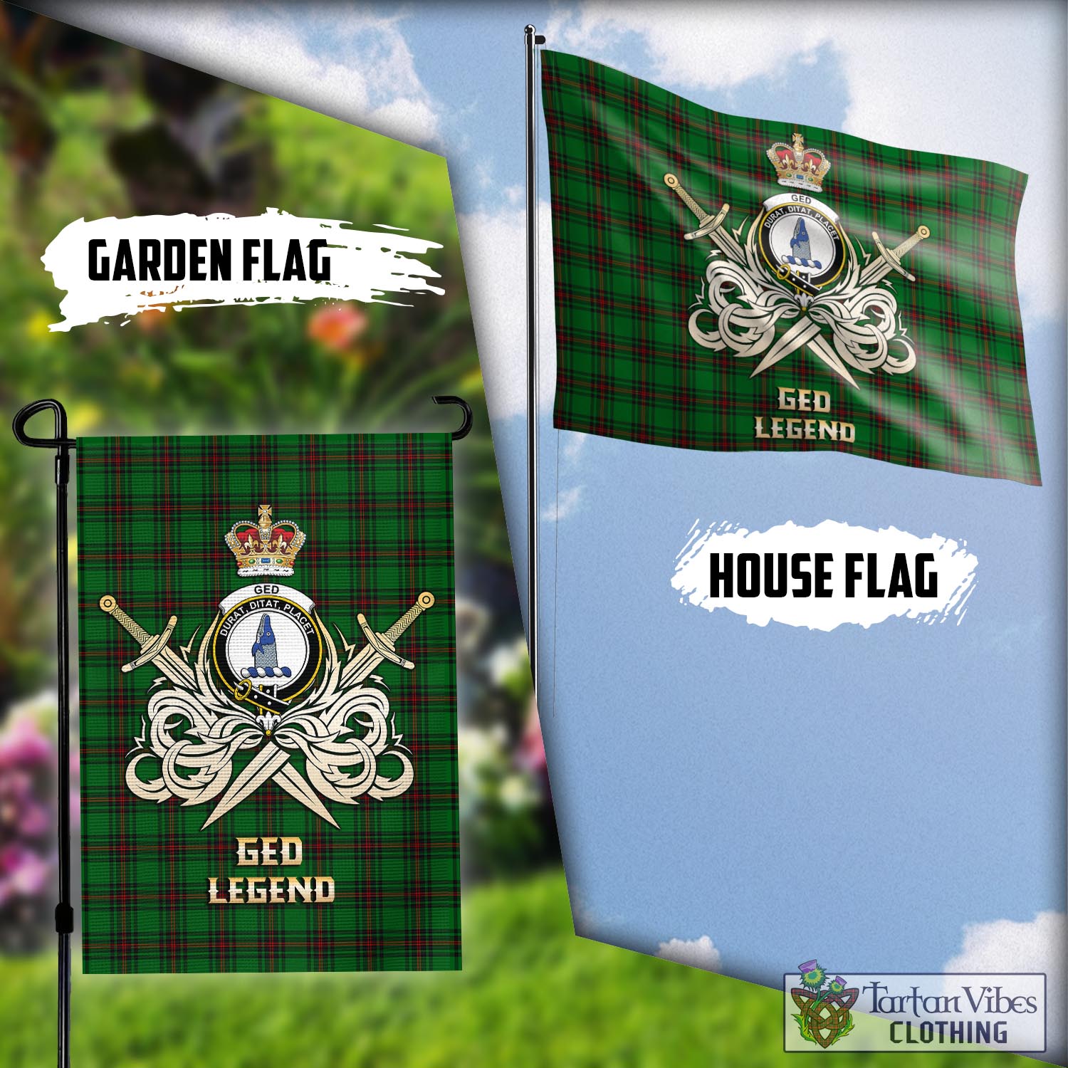 Tartan Vibes Clothing Ged Tartan Flag with Clan Crest and the Golden Sword of Courageous Legacy