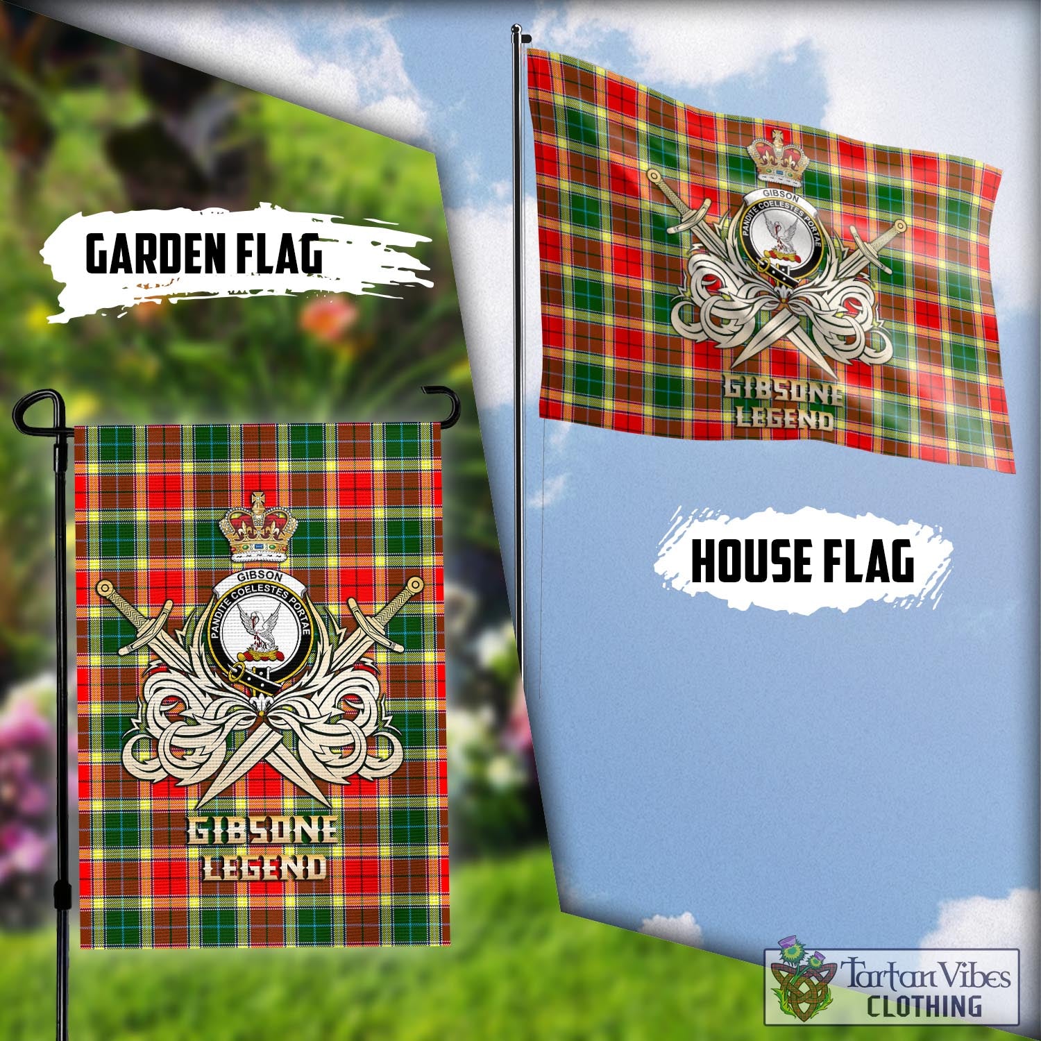 Tartan Vibes Clothing Gibsone (Gibson-Gibbs) Tartan Flag with Clan Crest and the Golden Sword of Courageous Legacy