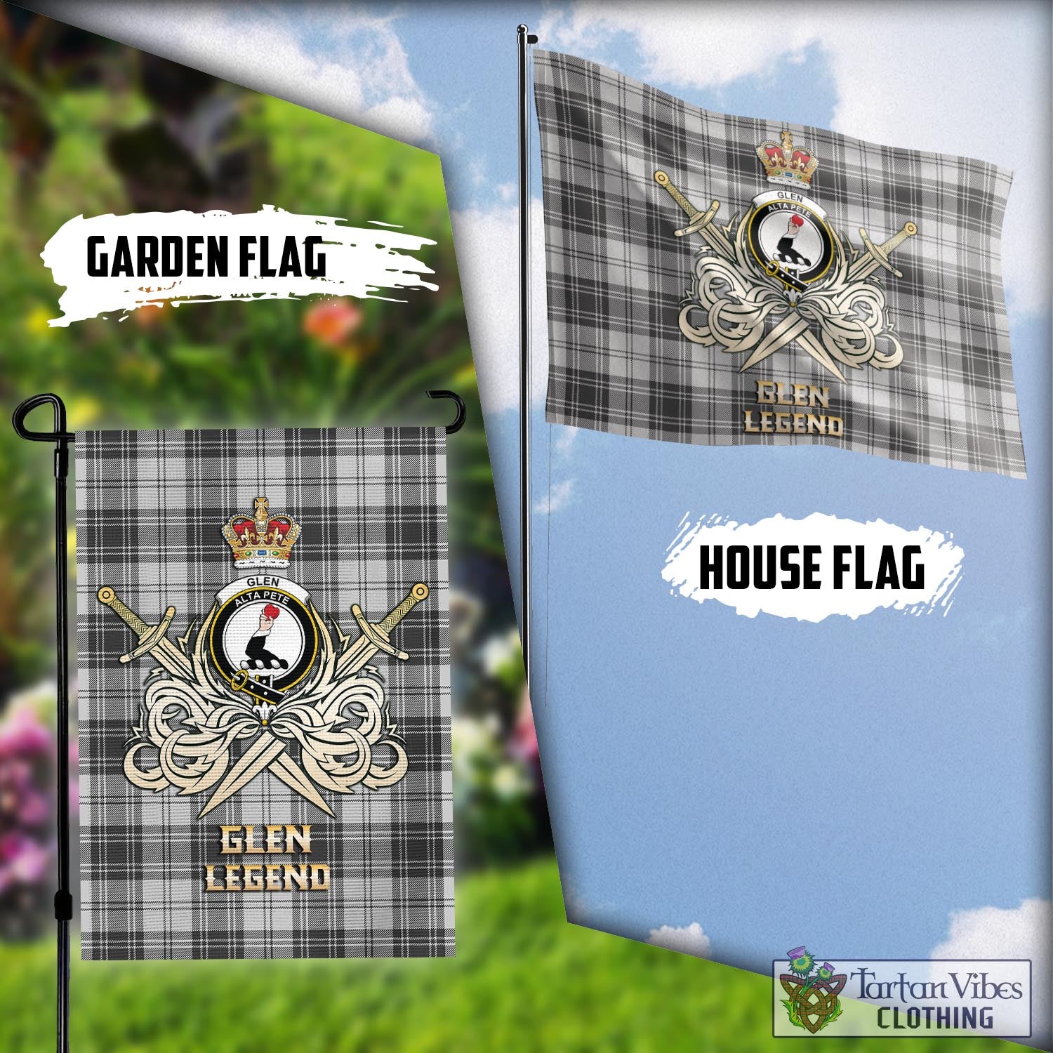 Tartan Vibes Clothing Glen Tartan Flag with Clan Crest and the Golden Sword of Courageous Legacy