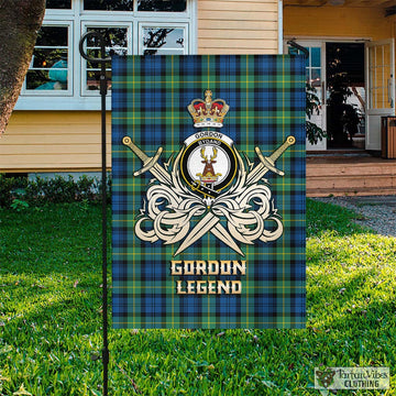 Gordon Ancient Tartan Flag with Clan Crest and the Golden Sword of Courageous Legacy