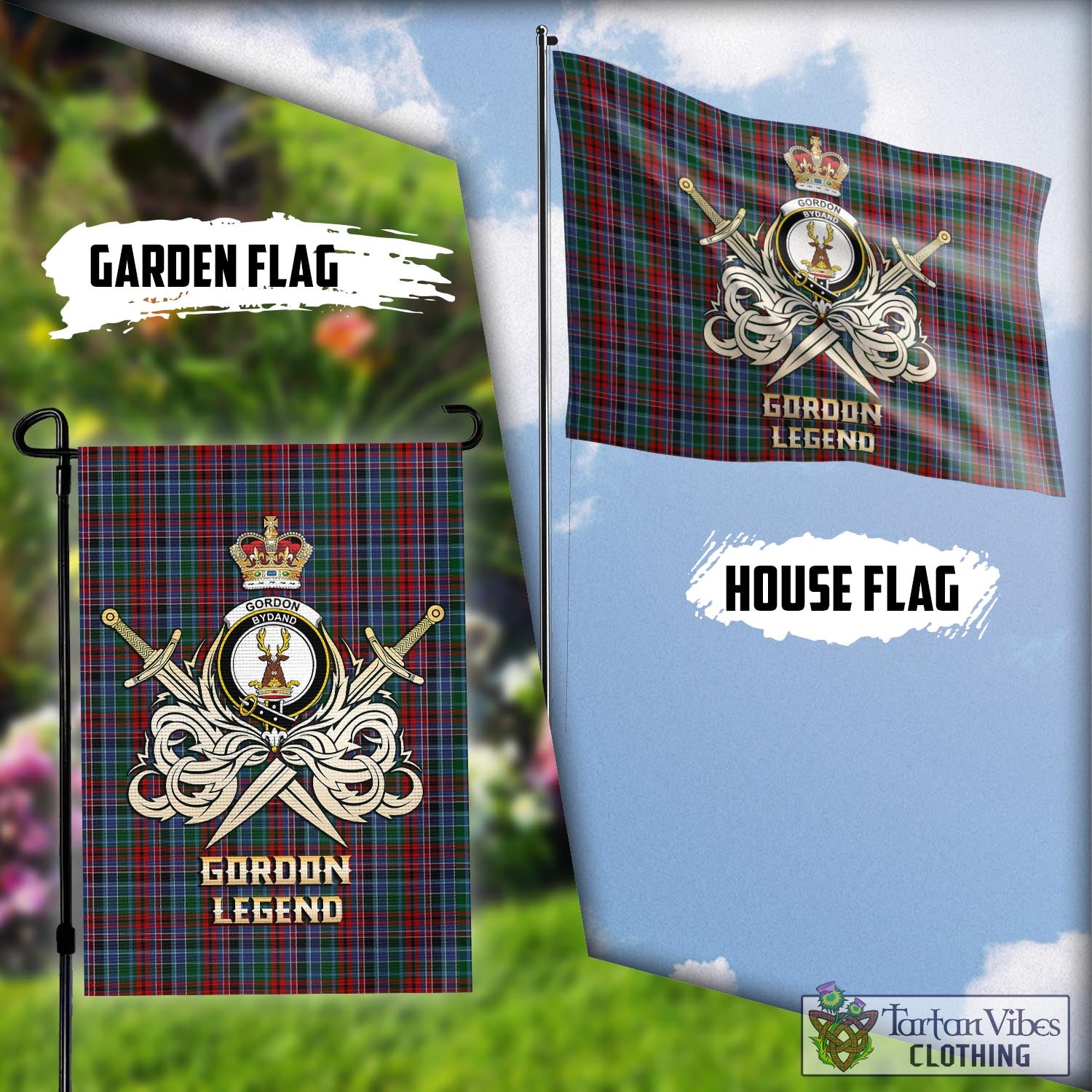 Tartan Vibes Clothing Gordon Red Tartan Flag with Clan Crest and the Golden Sword of Courageous Legacy