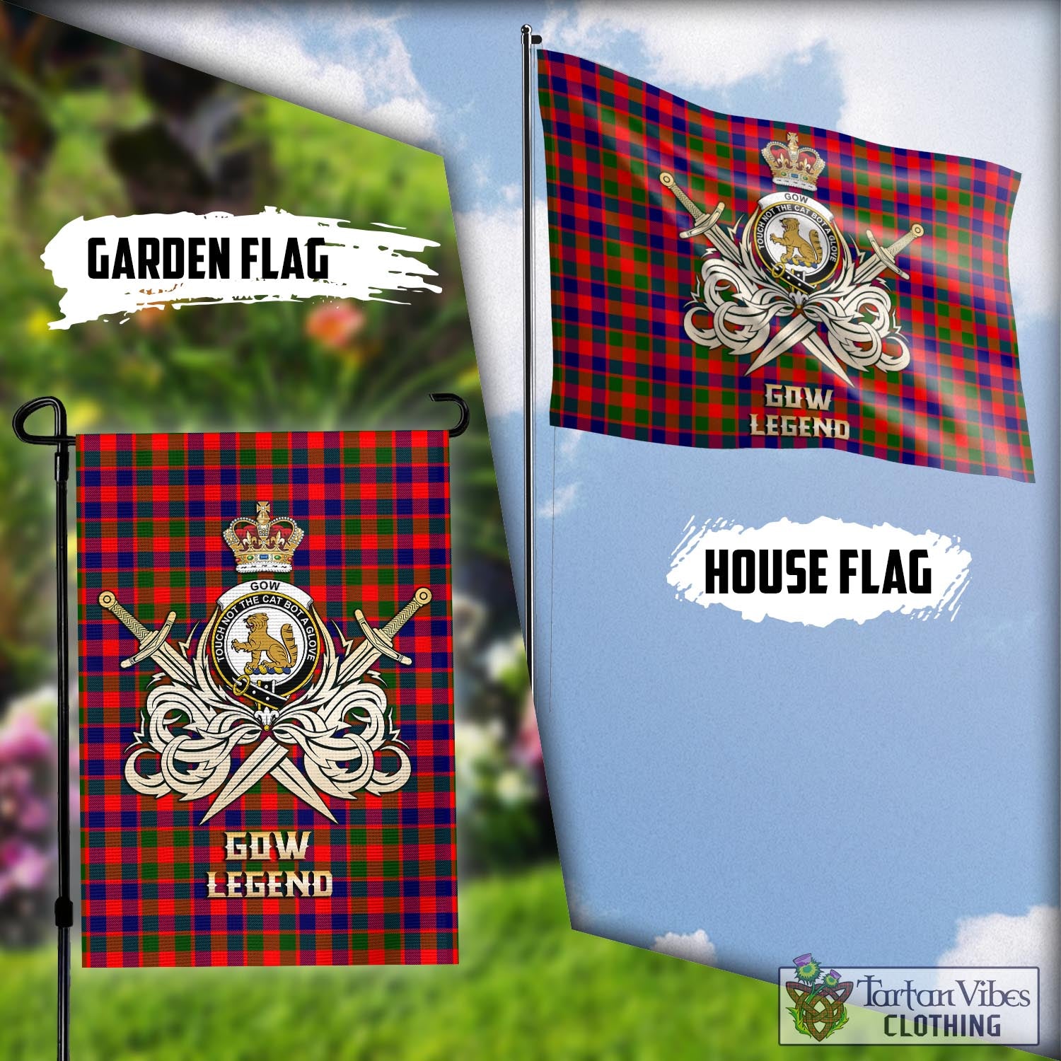 Tartan Vibes Clothing Gow Modern Tartan Flag with Clan Crest and the Golden Sword of Courageous Legacy