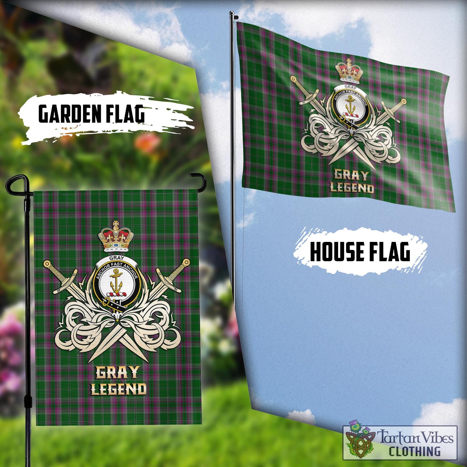 Tartan Vibes Clothing Gray Hunting Tartan Flag with Clan Crest and the Golden Sword of Courageous Legacy