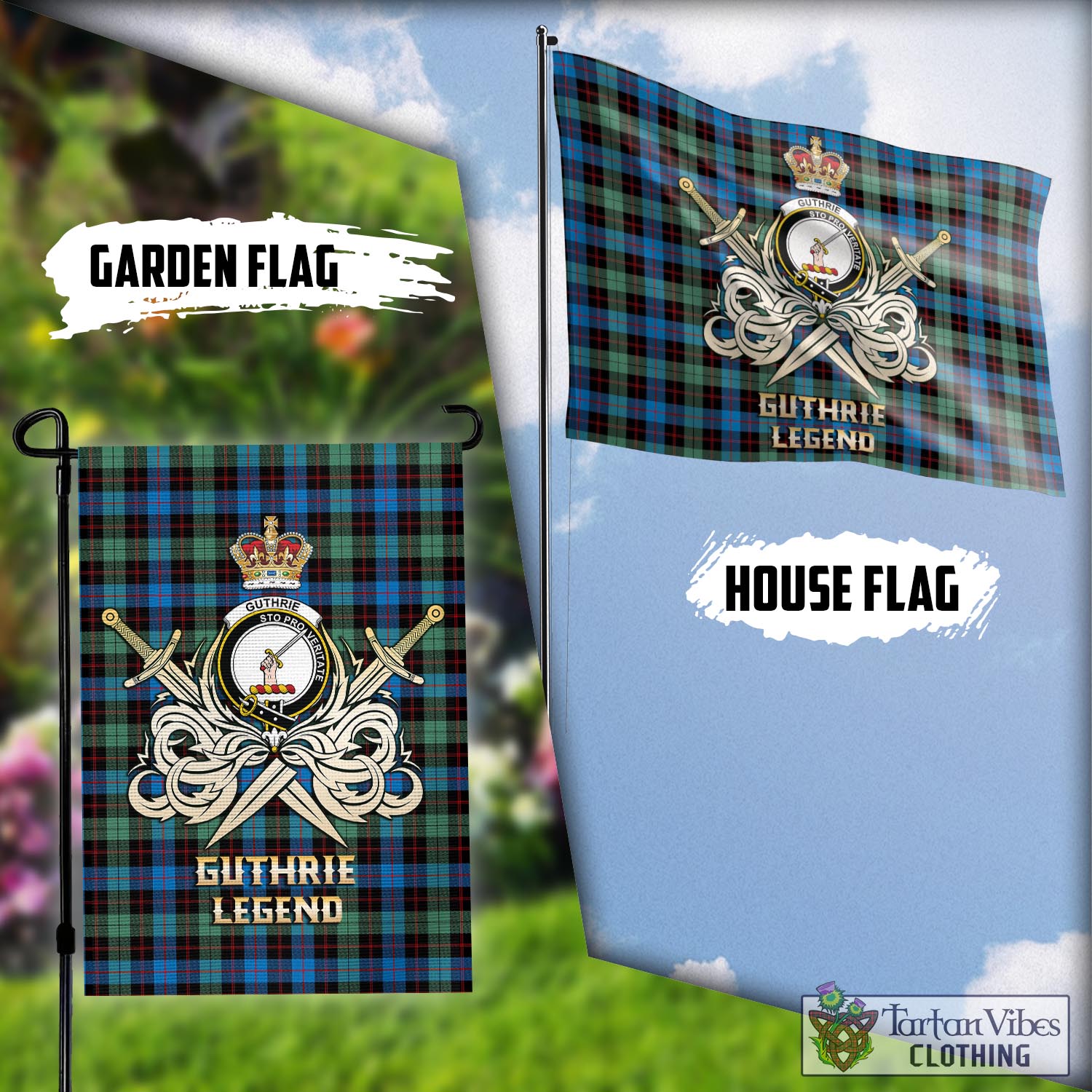 Tartan Vibes Clothing Guthrie Ancient Tartan Flag with Clan Crest and the Golden Sword of Courageous Legacy