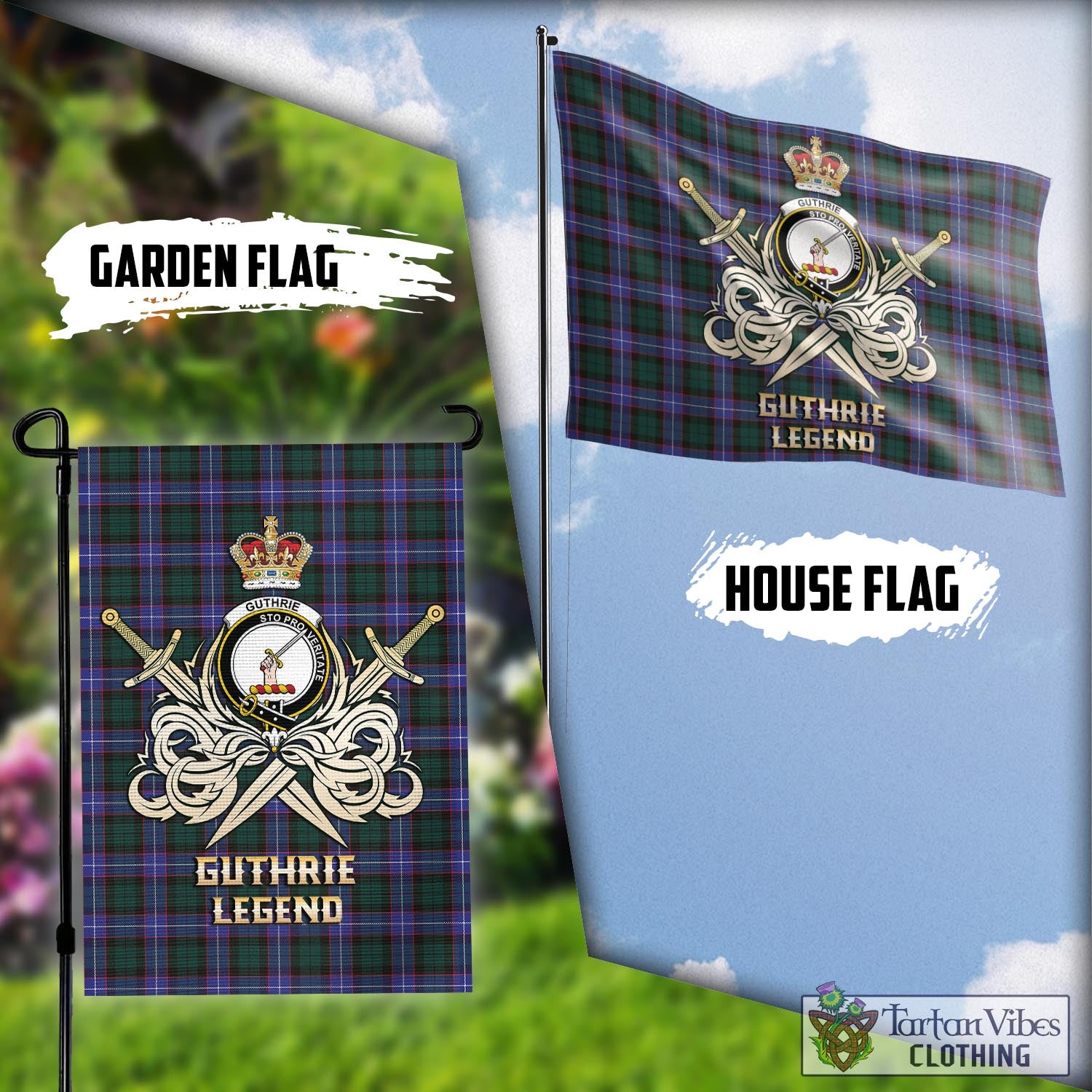 Tartan Vibes Clothing Guthrie Modern Tartan Flag with Clan Crest and the Golden Sword of Courageous Legacy