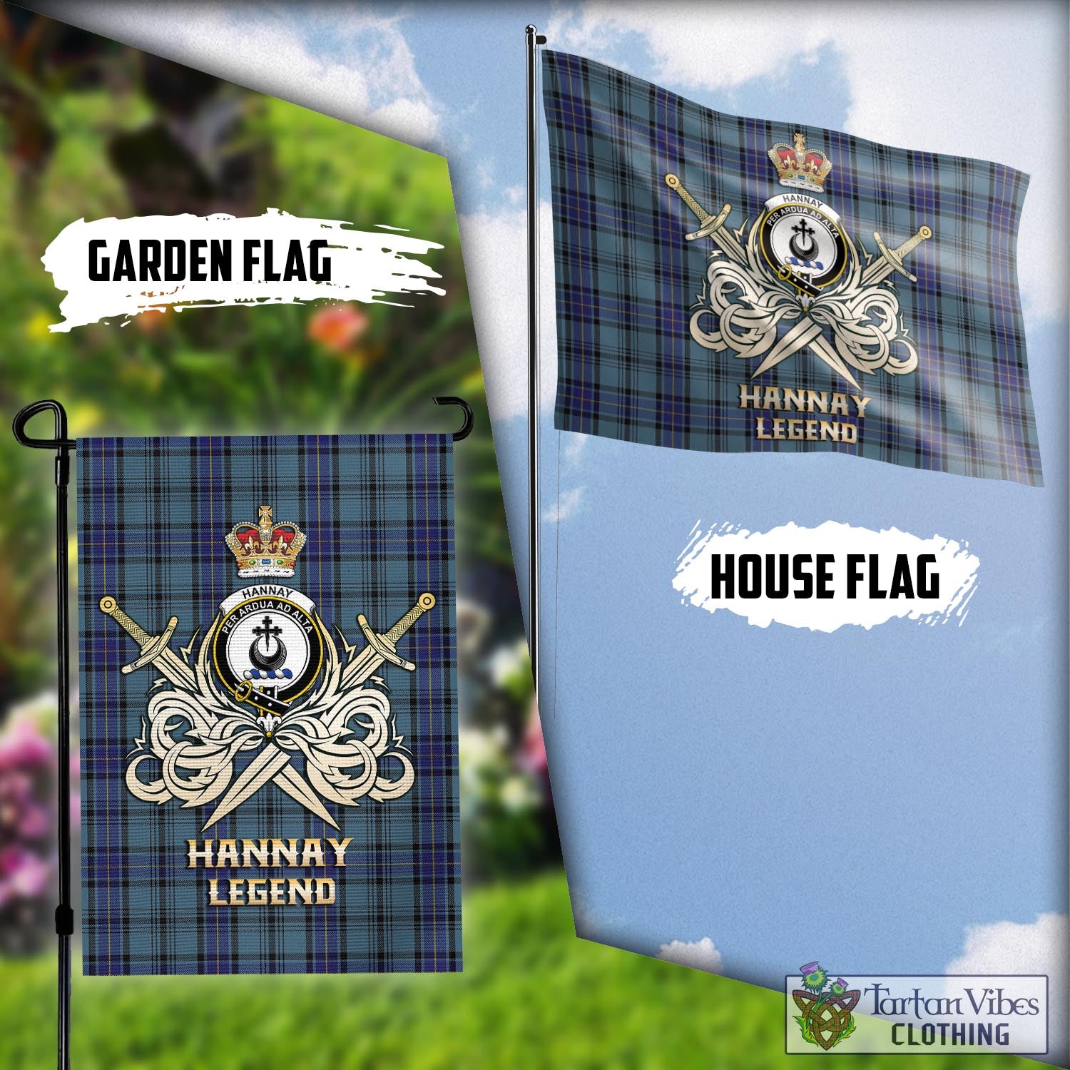 Tartan Vibes Clothing Hannay Blue Tartan Flag with Clan Crest and the Golden Sword of Courageous Legacy