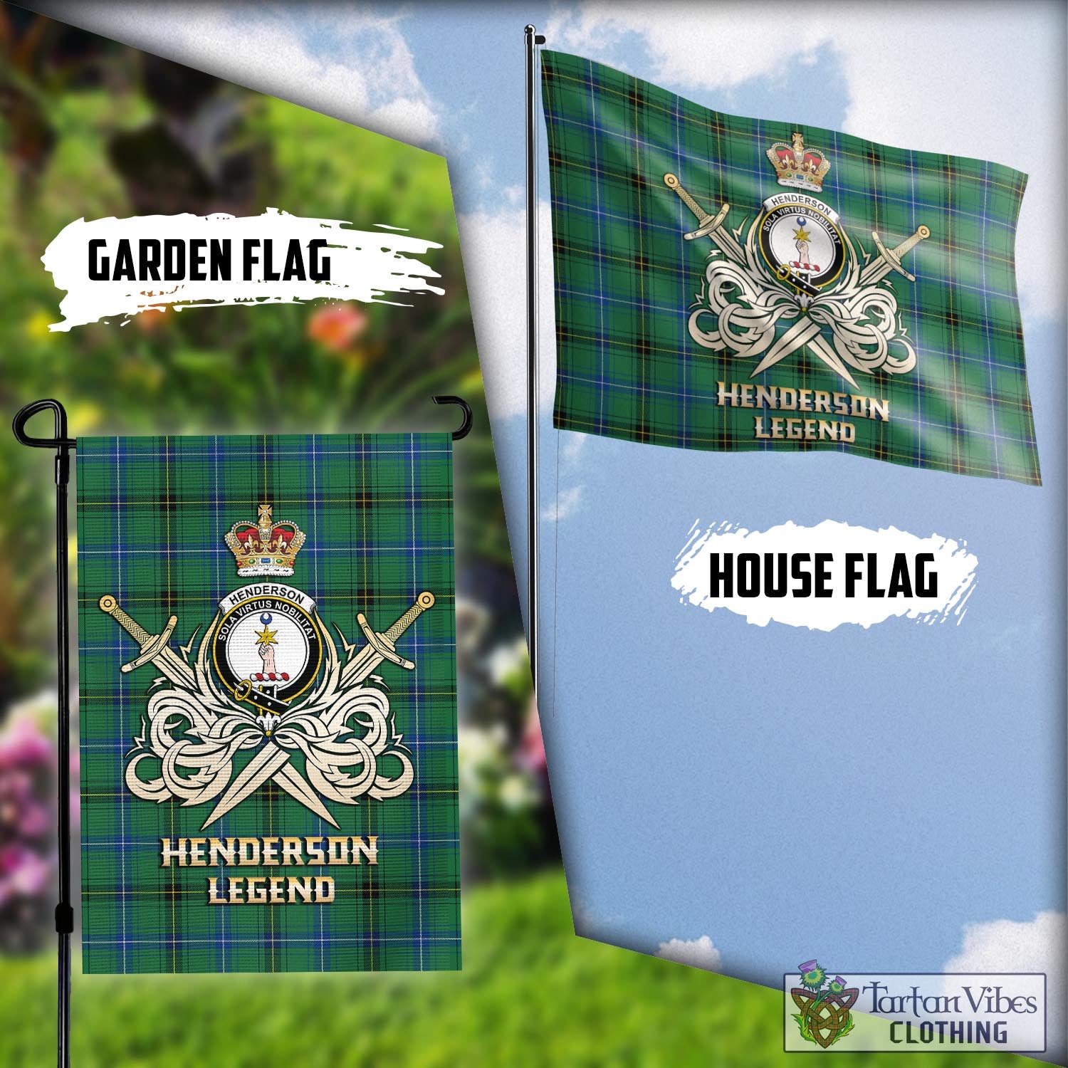 Tartan Vibes Clothing Henderson Ancient Tartan Flag with Clan Crest and the Golden Sword of Courageous Legacy