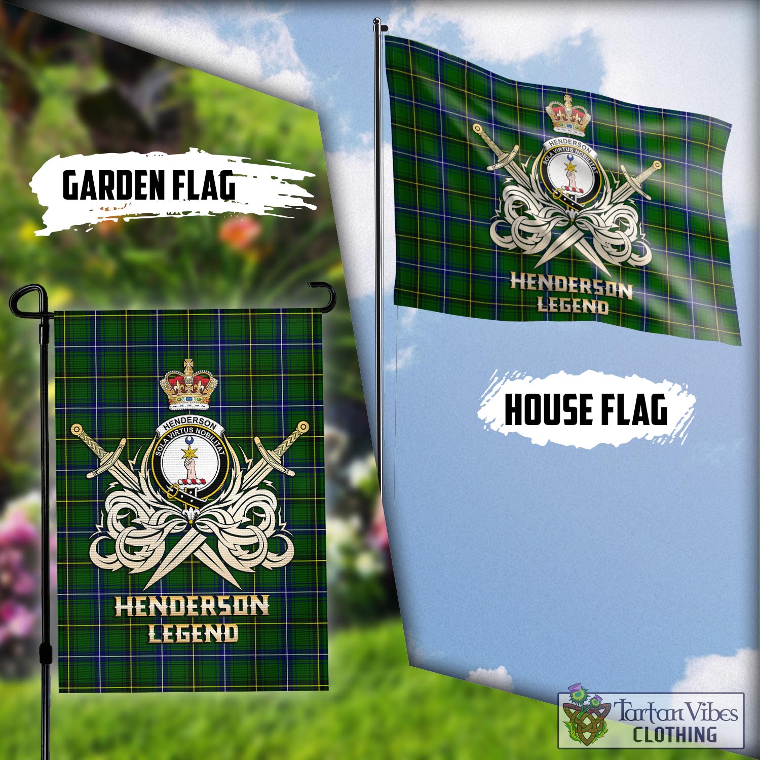 Tartan Vibes Clothing Henderson Modern Tartan Flag with Clan Crest and the Golden Sword of Courageous Legacy