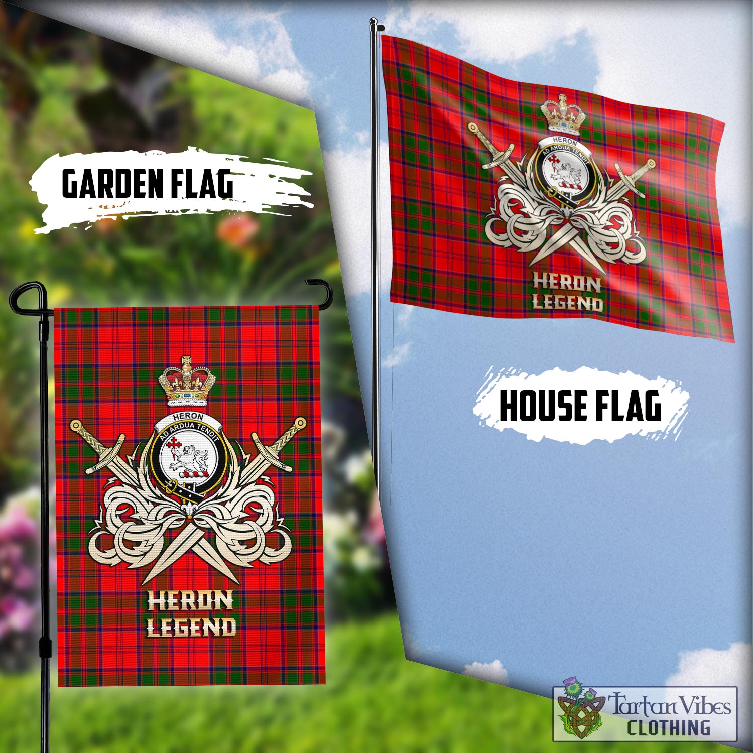 Tartan Vibes Clothing Heron Tartan Flag with Clan Crest and the Golden Sword of Courageous Legacy