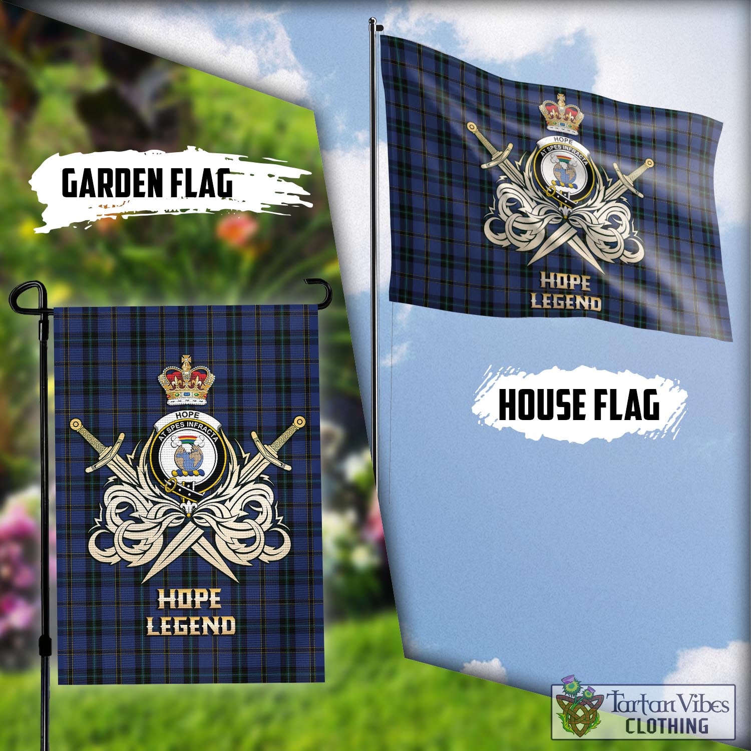 Tartan Vibes Clothing Hope (Vere-Weir) Tartan Flag with Clan Crest and the Golden Sword of Courageous Legacy